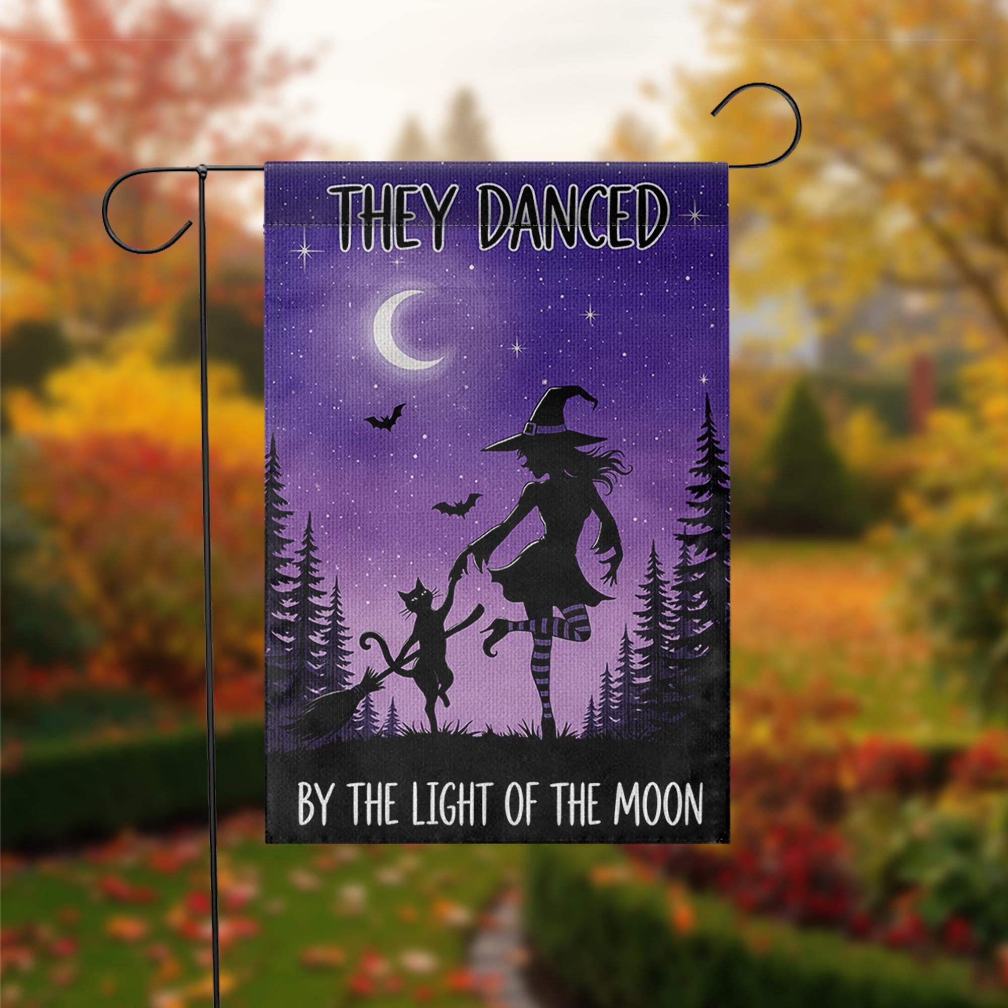 Witch and Cat Dancing Garden Flag, Halloween Moon Outdoor Banner, They Danced By the Light of the Moon Decor, Spooky Fall Yard Flag