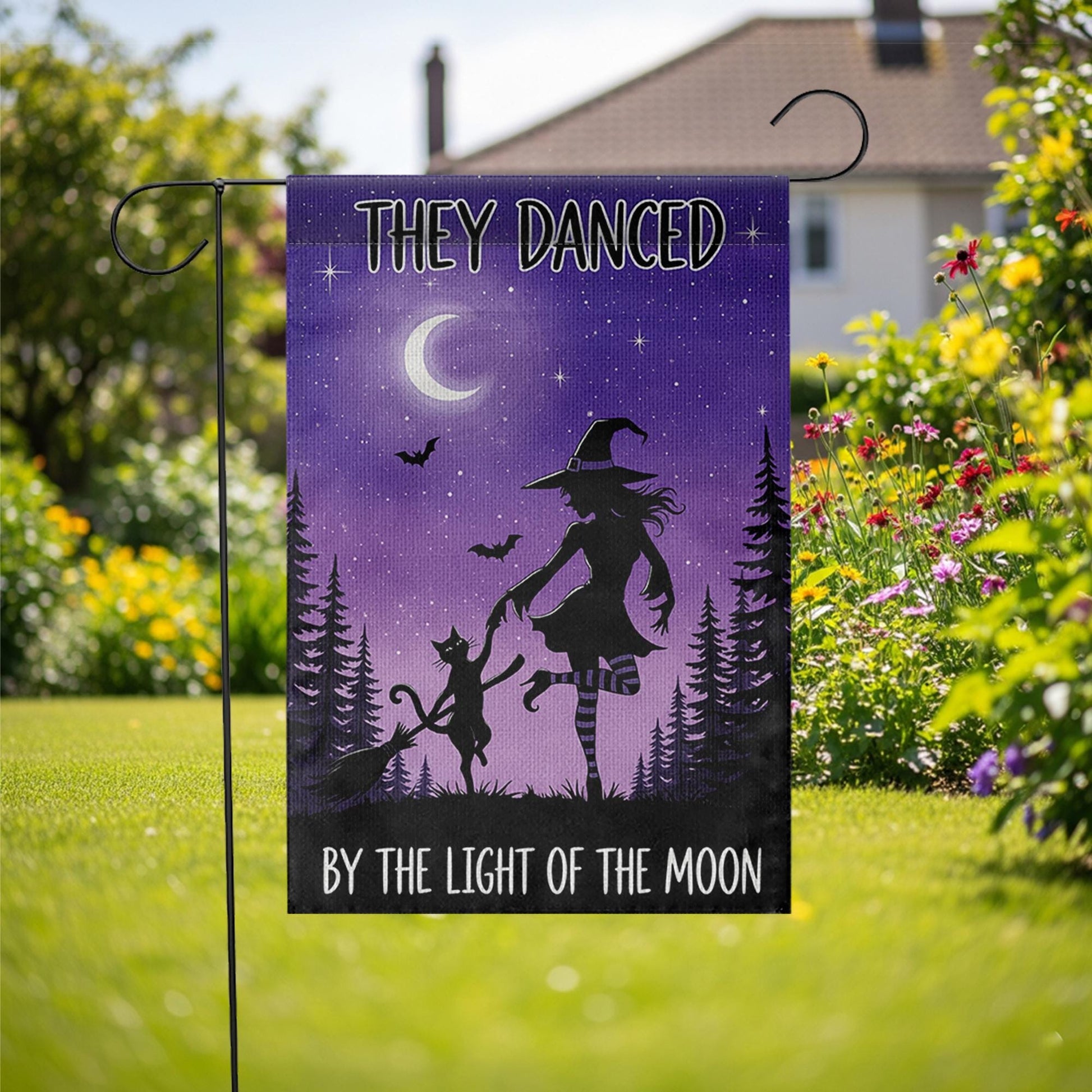 Witch and Cat Dancing Garden Flag, Halloween Moon Outdoor Banner, They Danced By the Light of the Moon Decor, Spooky Fall Yard Flag