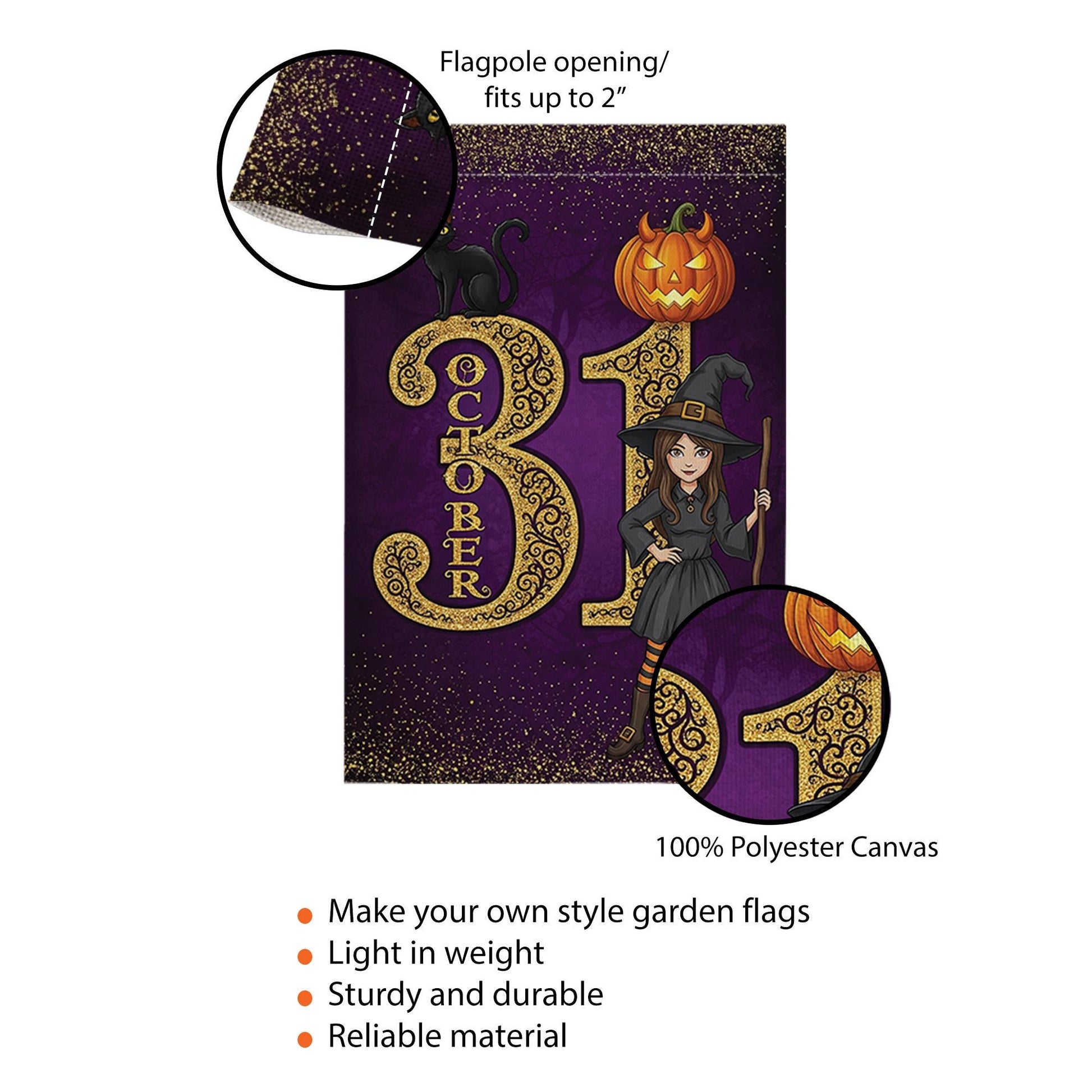 October 31 Halloween Garden Flag, Witch Black Cat Pumpkin Yard Banner, Purple Fall Outdoor Decoration, Trick or Treat Witch Flag