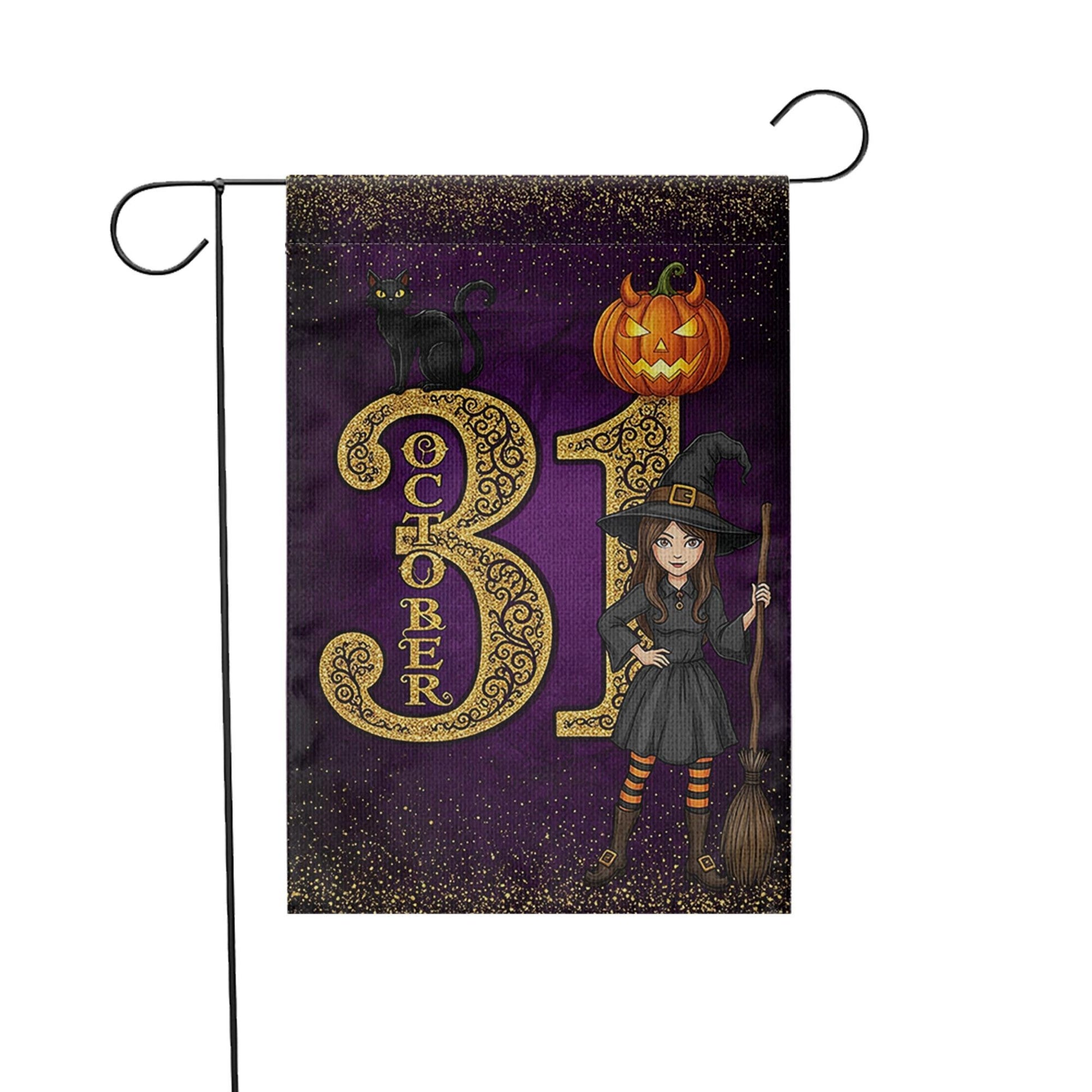 October 31 Halloween Garden Flag, Witch Black Cat Pumpkin Yard Banner, Purple Fall Outdoor Decoration, Trick or Treat Witch Flag