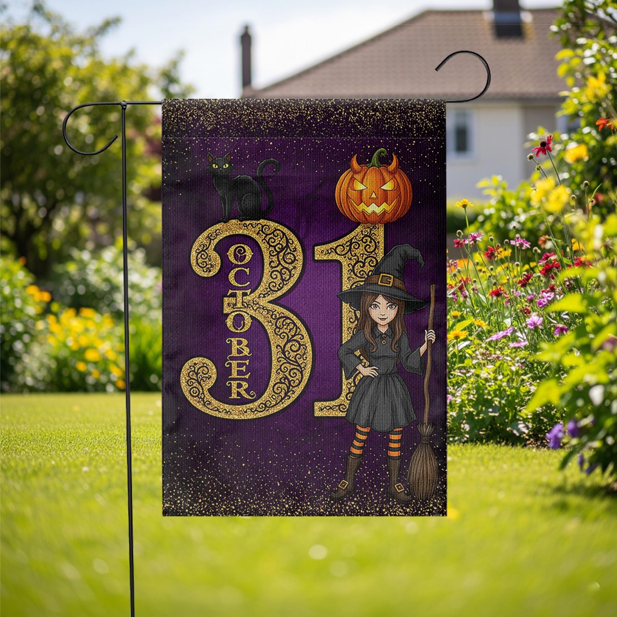 October 31 Halloween Garden Flag, Witch Black Cat Pumpkin Yard Banner, Purple Fall Outdoor Decoration, Trick or Treat Witch Flag