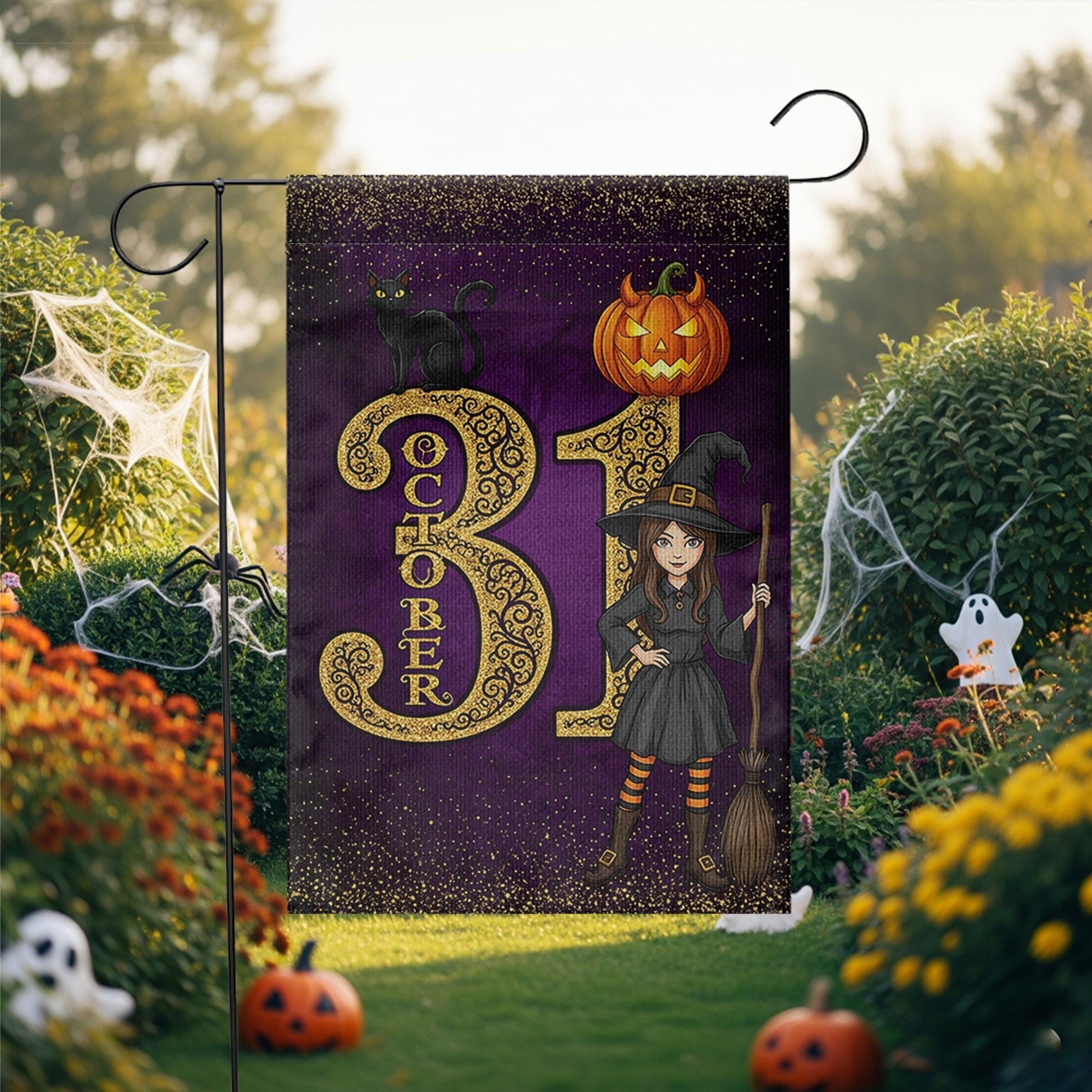 October 31 Halloween Garden Flag, Witch Black Cat Pumpkin Yard Banner, Purple Fall Outdoor Decoration, Trick or Treat Witch Flag