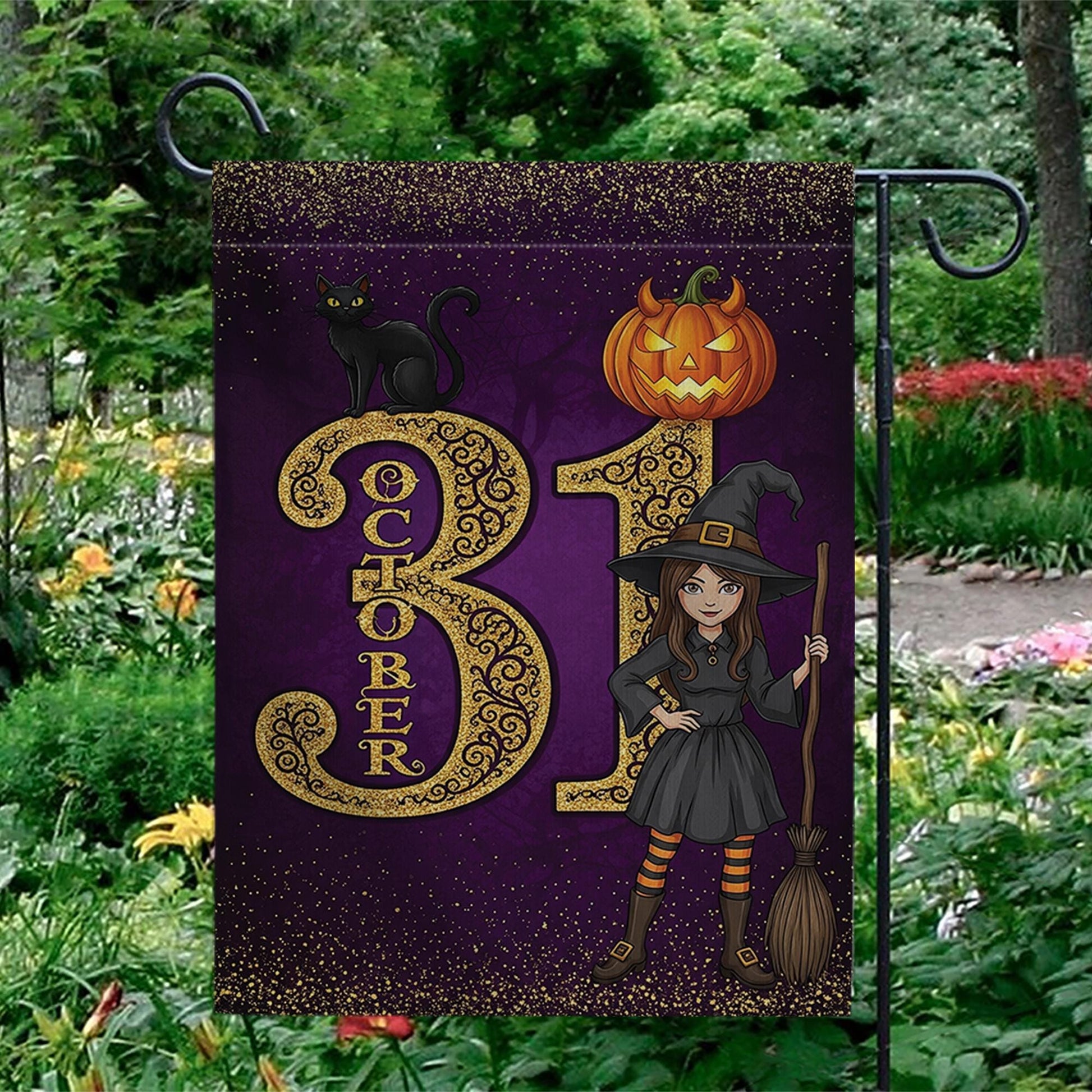 October 31 Halloween Garden Flag, Witch Black Cat Pumpkin Yard Banner, Purple Fall Outdoor Decoration, Trick or Treat Witch Flag