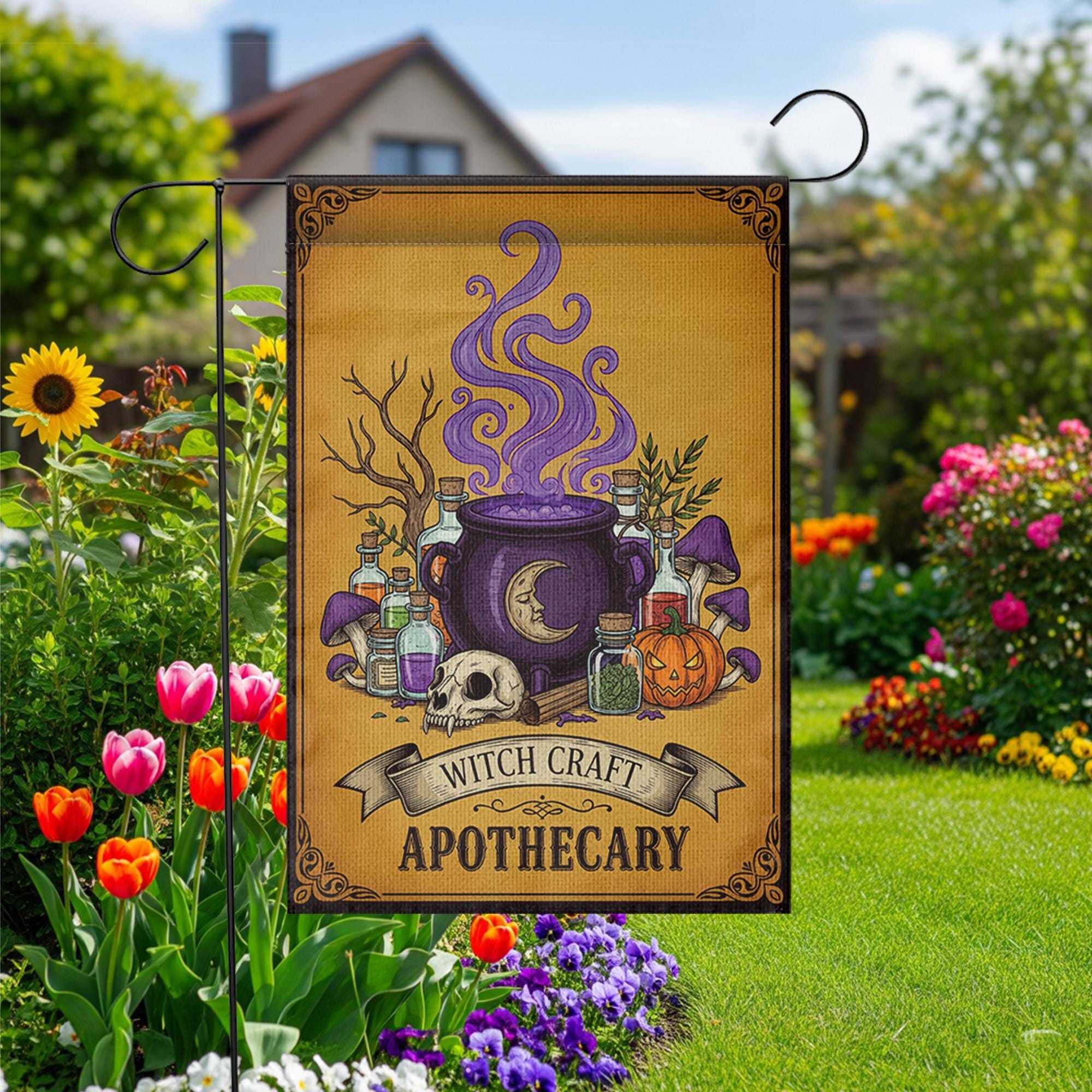 Witch Craft Apothecary Garden Flag, Potion Skull Pumpkin Yard Banner, Spooky Witch Cauldron Fall Outdoor Decor, Halloween Flag