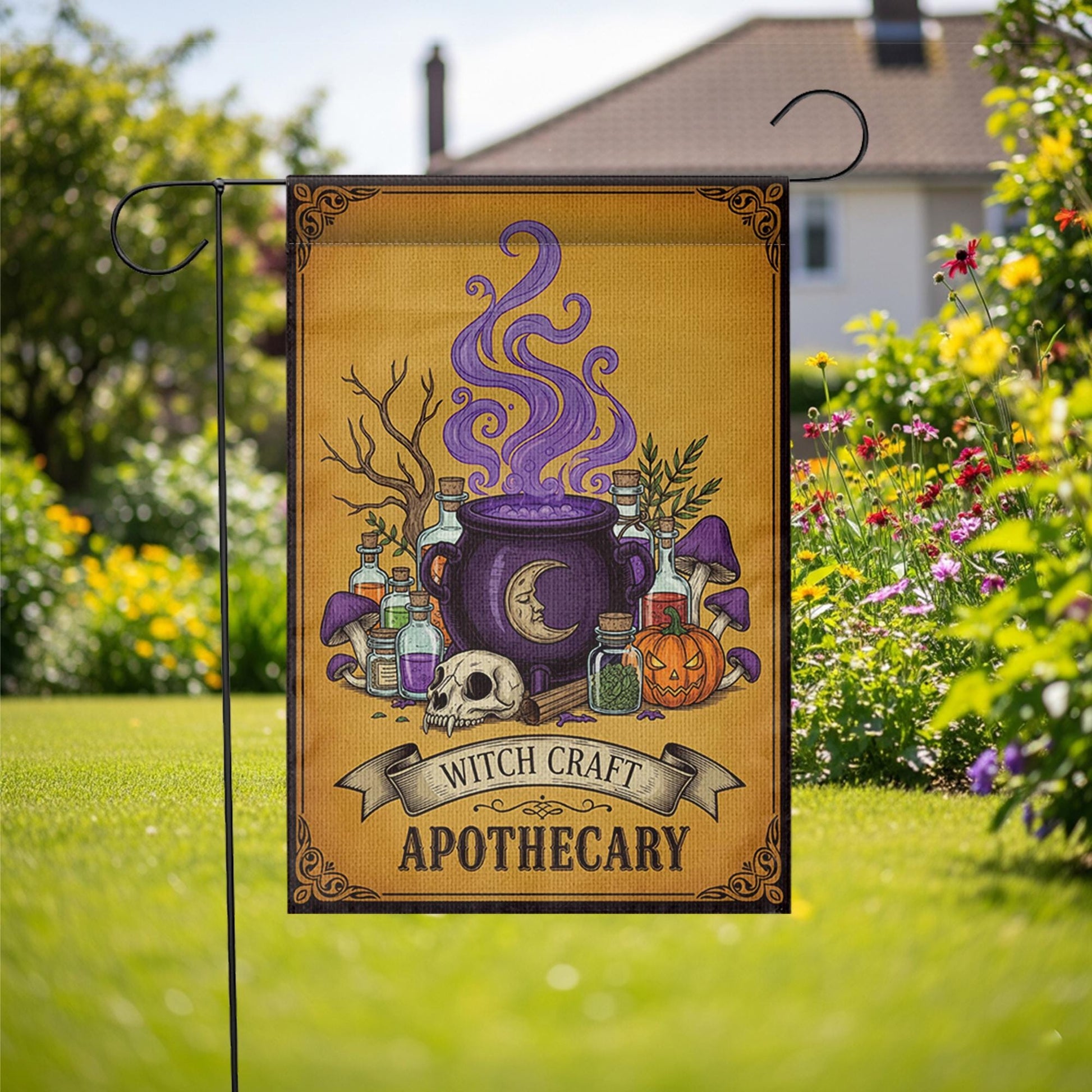 Witch Craft Apothecary Garden Flag, Potion Skull Pumpkin Yard Banner, Spooky Witch Cauldron Fall Outdoor Decor, Halloween Flag