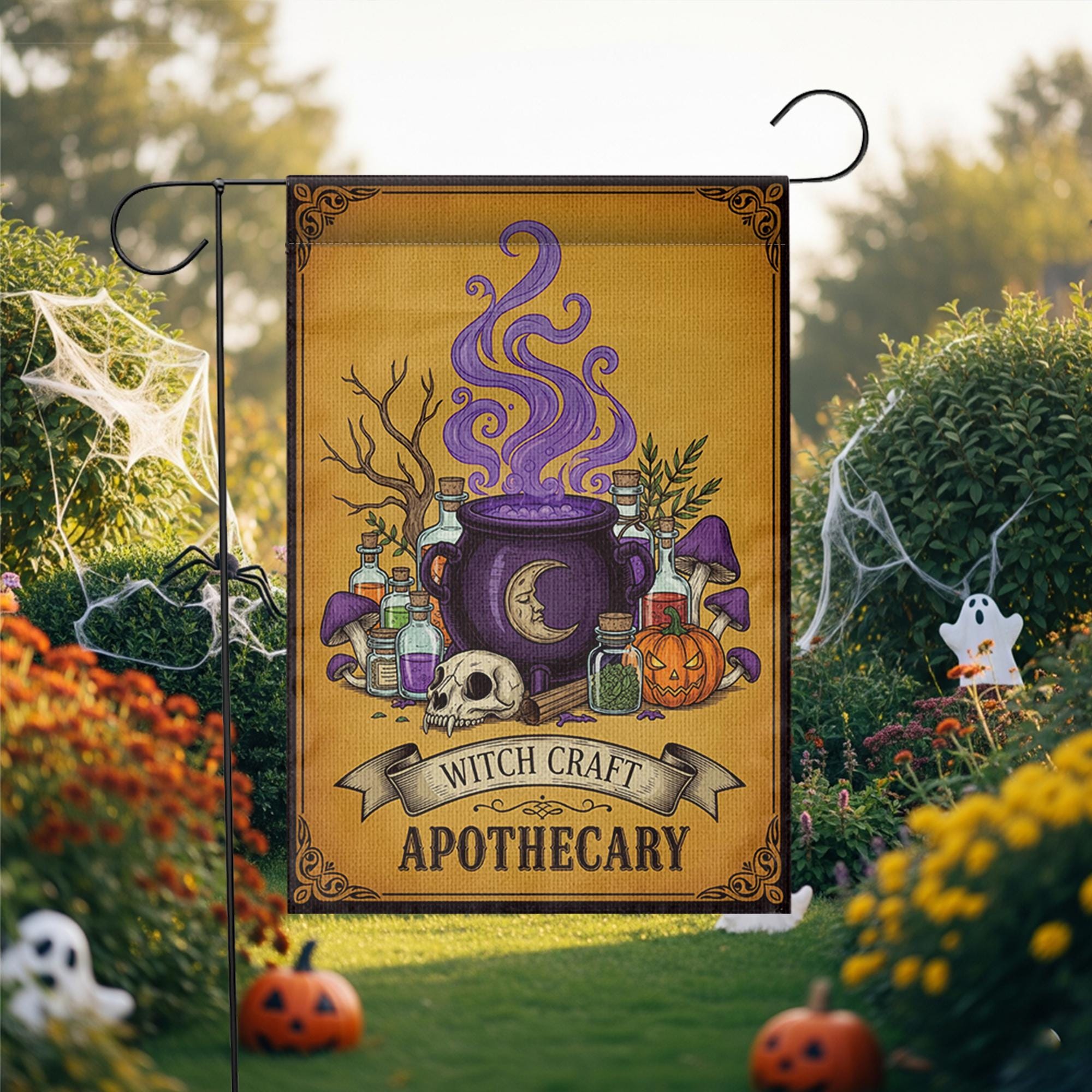 Witch Craft Apothecary Garden Flag, Potion Skull Pumpkin Yard Banner, Spooky Witch Cauldron Fall Outdoor Decor, Halloween Flag