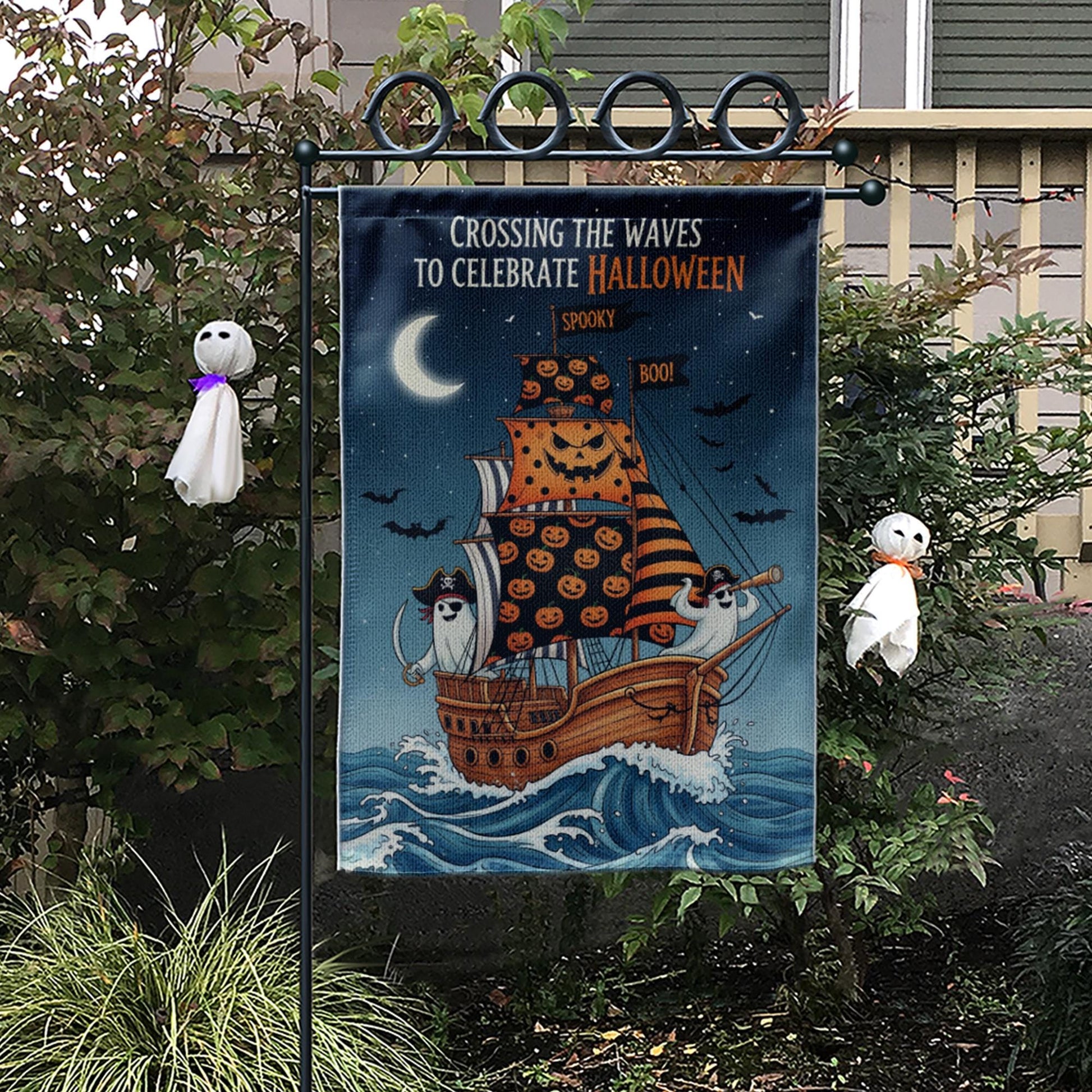 Halloween Pirate Ghost Ship Garden Flag, Spooky Sailing Outdoor Yard Banner, Trick or Treat Skeleton Fall Decor, Nautical Halloween Flag