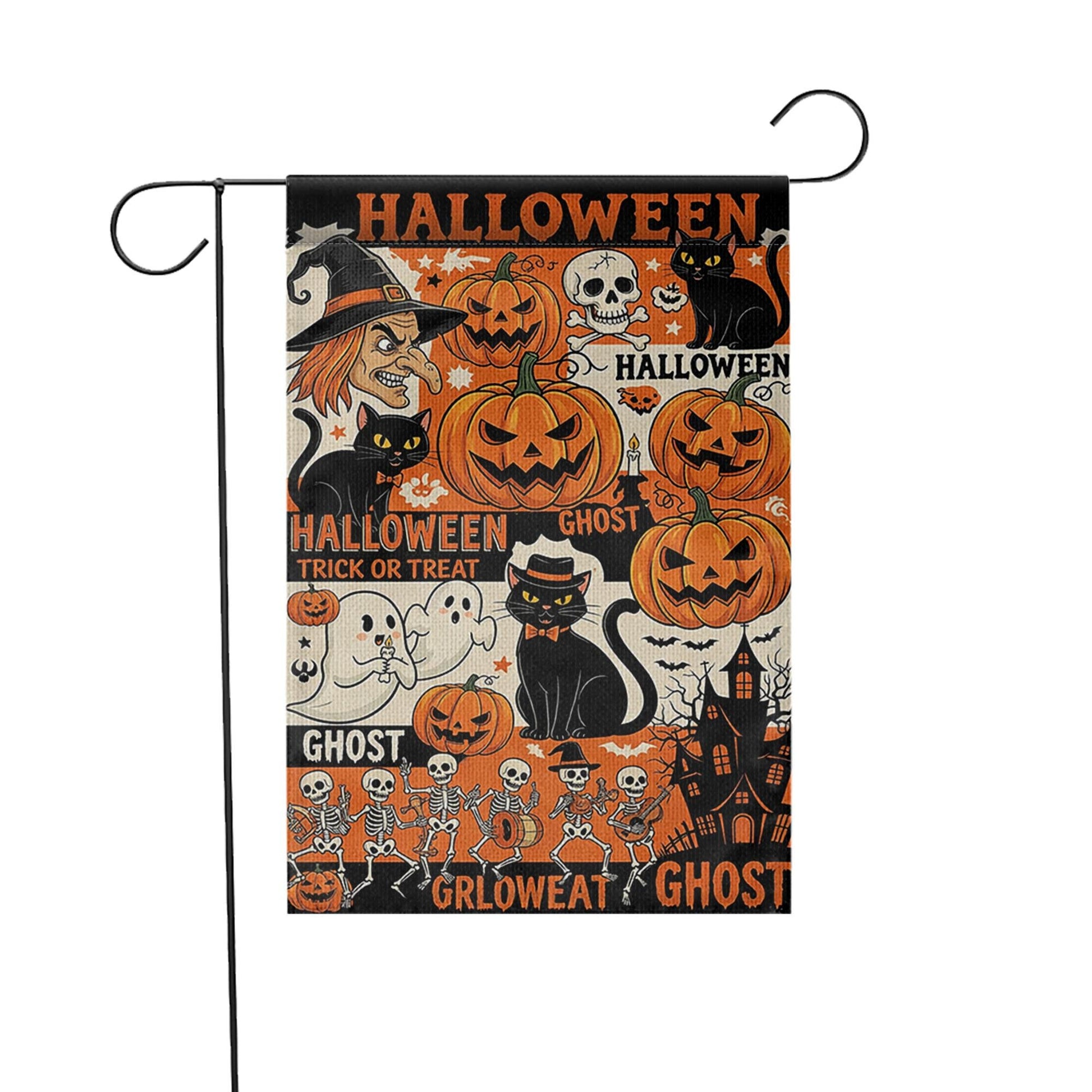 Vintage Halloween Collage Garden Flag, Witch Pumpkin Ghost Skeleton Outdoor Yard Banner, Spooky Fall Trick or Treat Decor