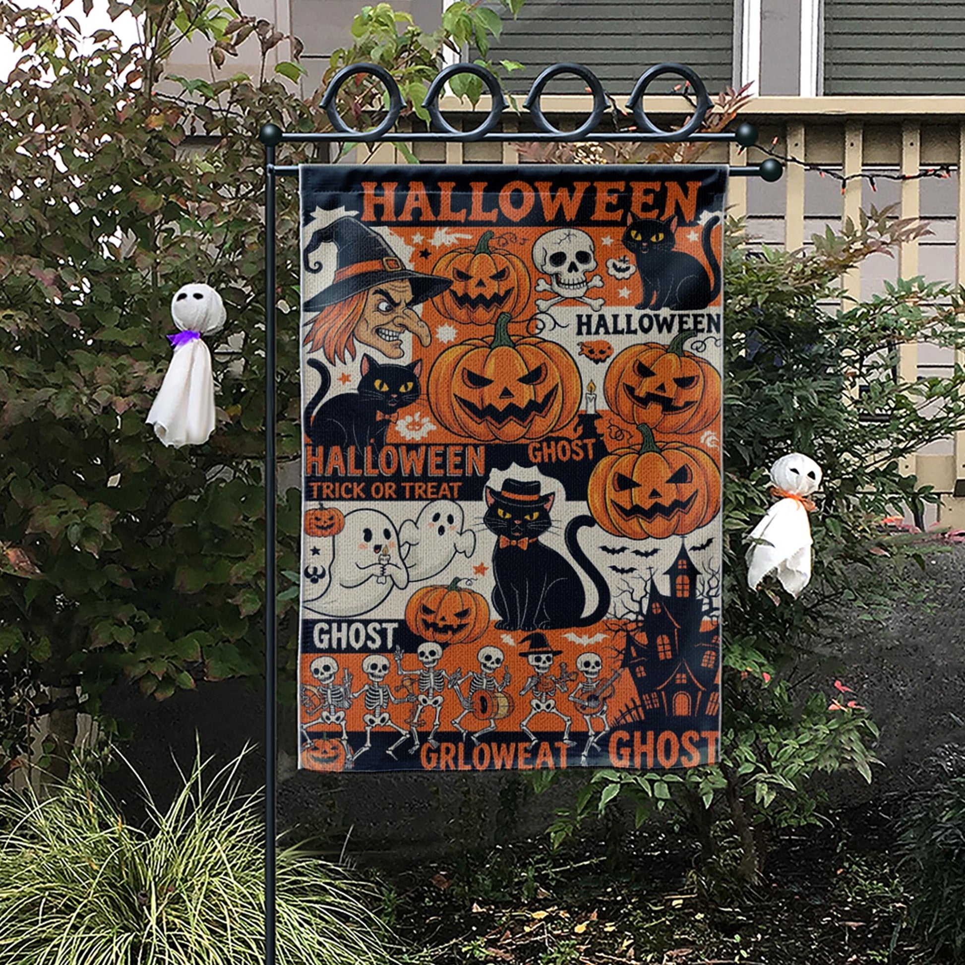 Vintage Halloween Collage Garden Flag, Witch Pumpkin Ghost Skeleton Outdoor Yard Banner, Spooky Fall Trick or Treat Decor