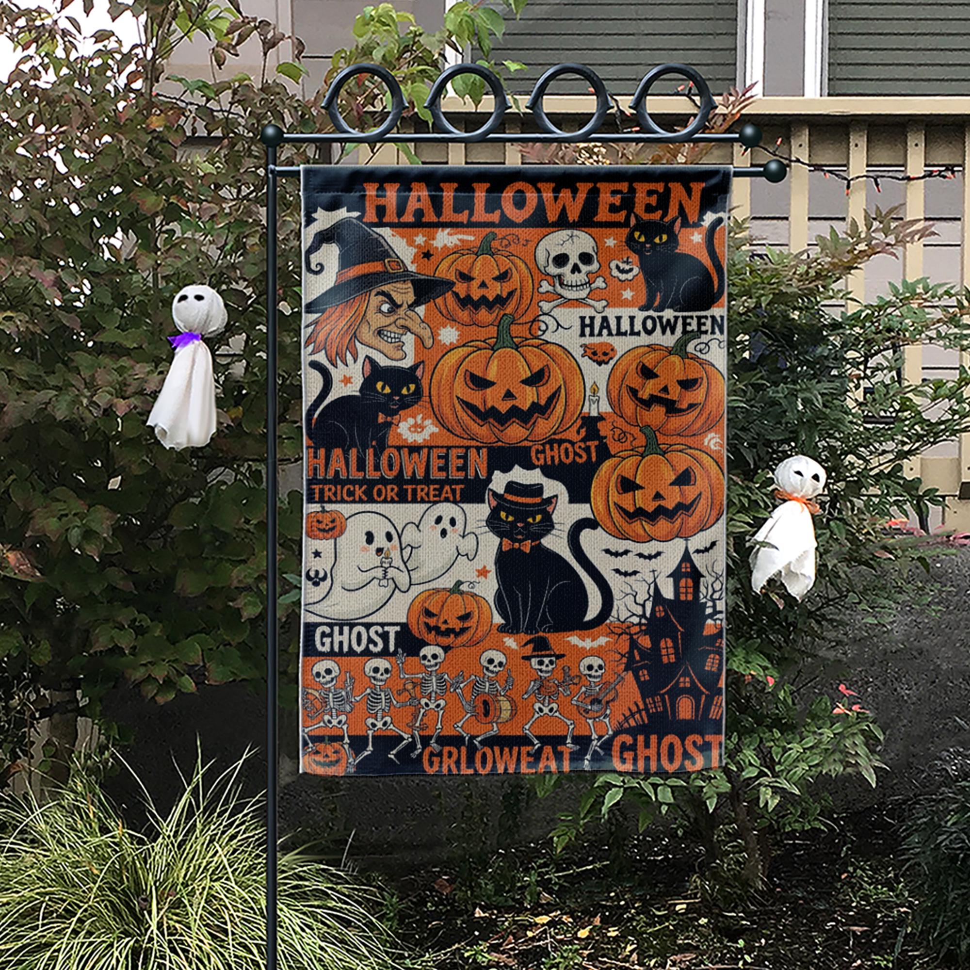 Vintage Halloween Collage Garden Flag, Witch Pumpkin Ghost Skeleton Outdoor Yard Banner, Spooky Fall Trick or Treat Decor