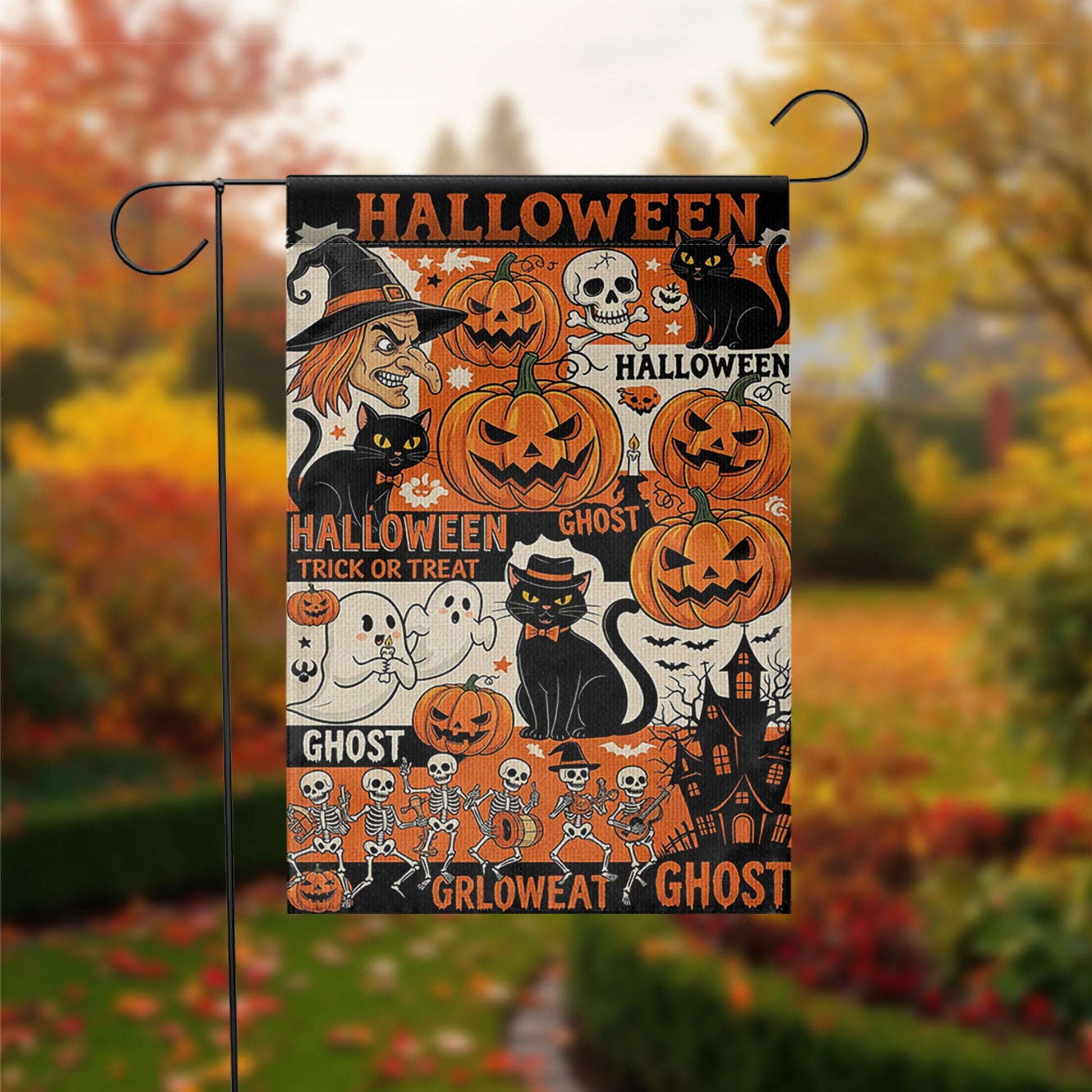 Vintage Halloween Collage Garden Flag, Witch Pumpkin Ghost Skeleton Outdoor Yard Banner, Spooky Fall Trick or Treat Decor