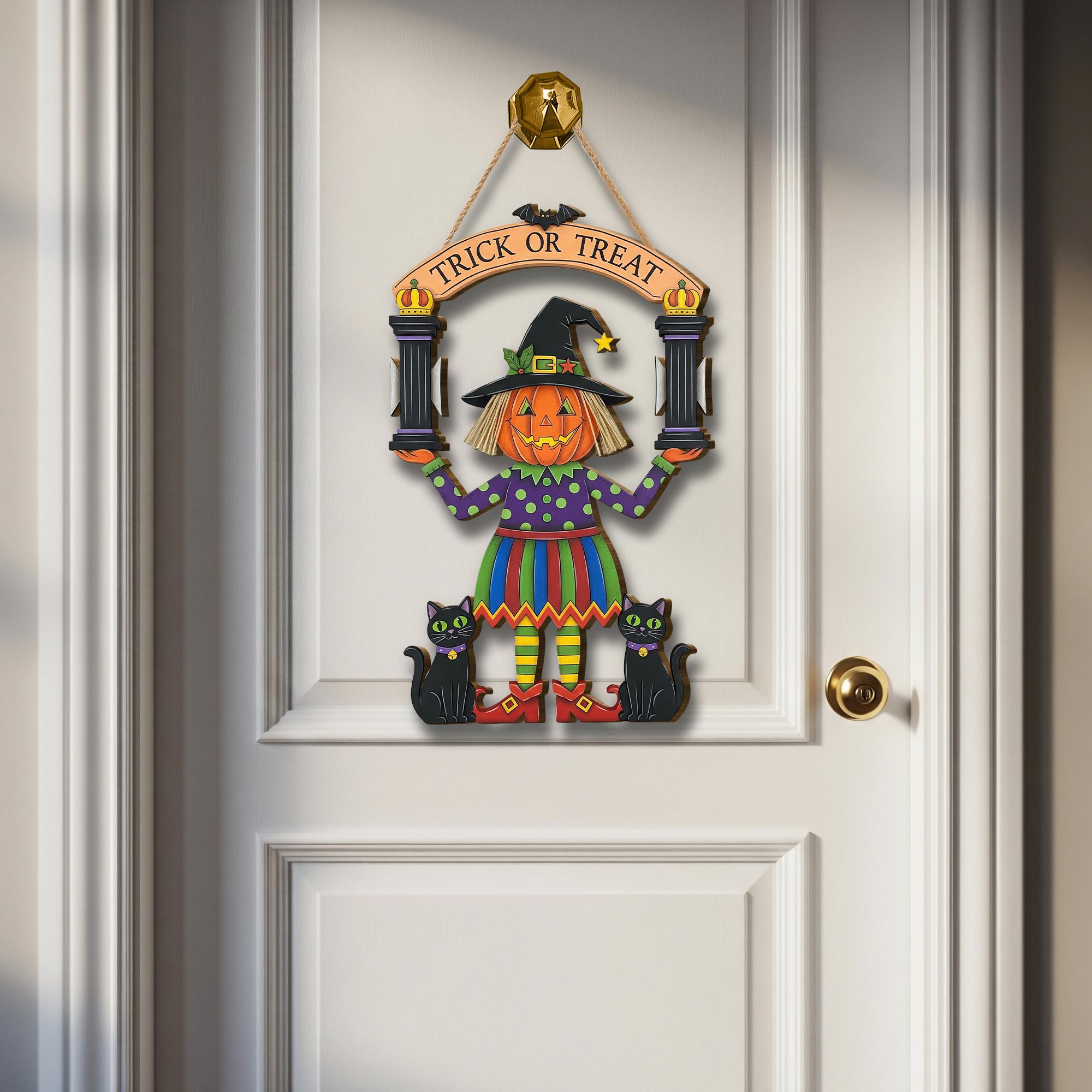 Halloween Pumpkin Witch Door Hanger, Trick or Treat Black Cat Wooden Wall Sign, Fall Front Porch Door Decor, Cute Witch Plaque