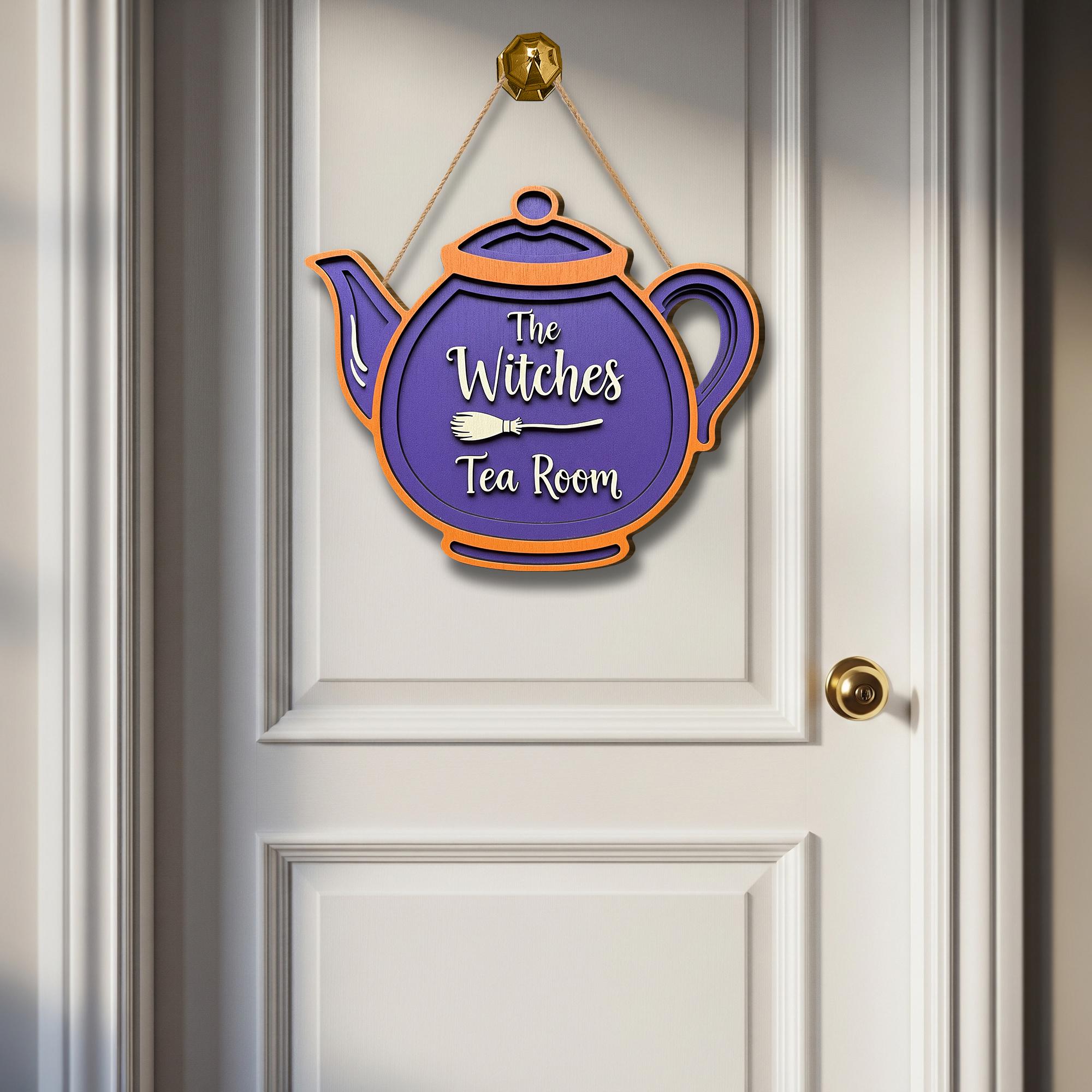 Witches Tea Room Sign, Halloween Witch Teapot Door Hanger, Purple Wooden Kitchen Decor, Fall Witchy Wall Plaque, Cozy Witch Decor