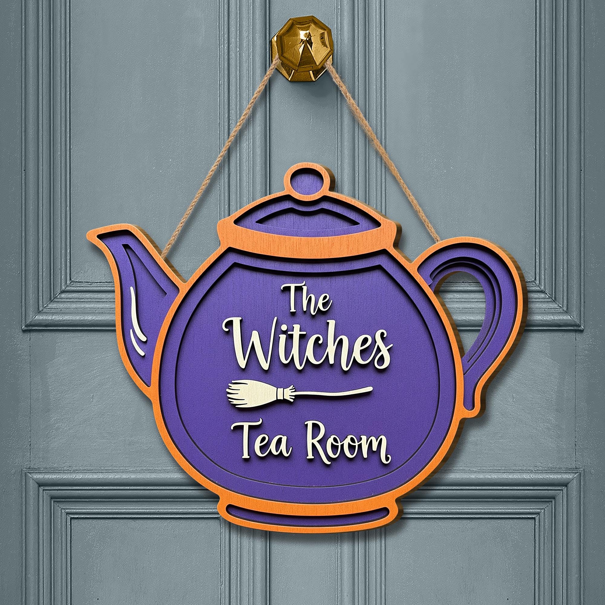 Witches Tea Room Sign, Halloween Witch Teapot Door Hanger, Purple Wooden Kitchen Decor, Fall Witchy Wall Plaque, Cozy Witch Decor