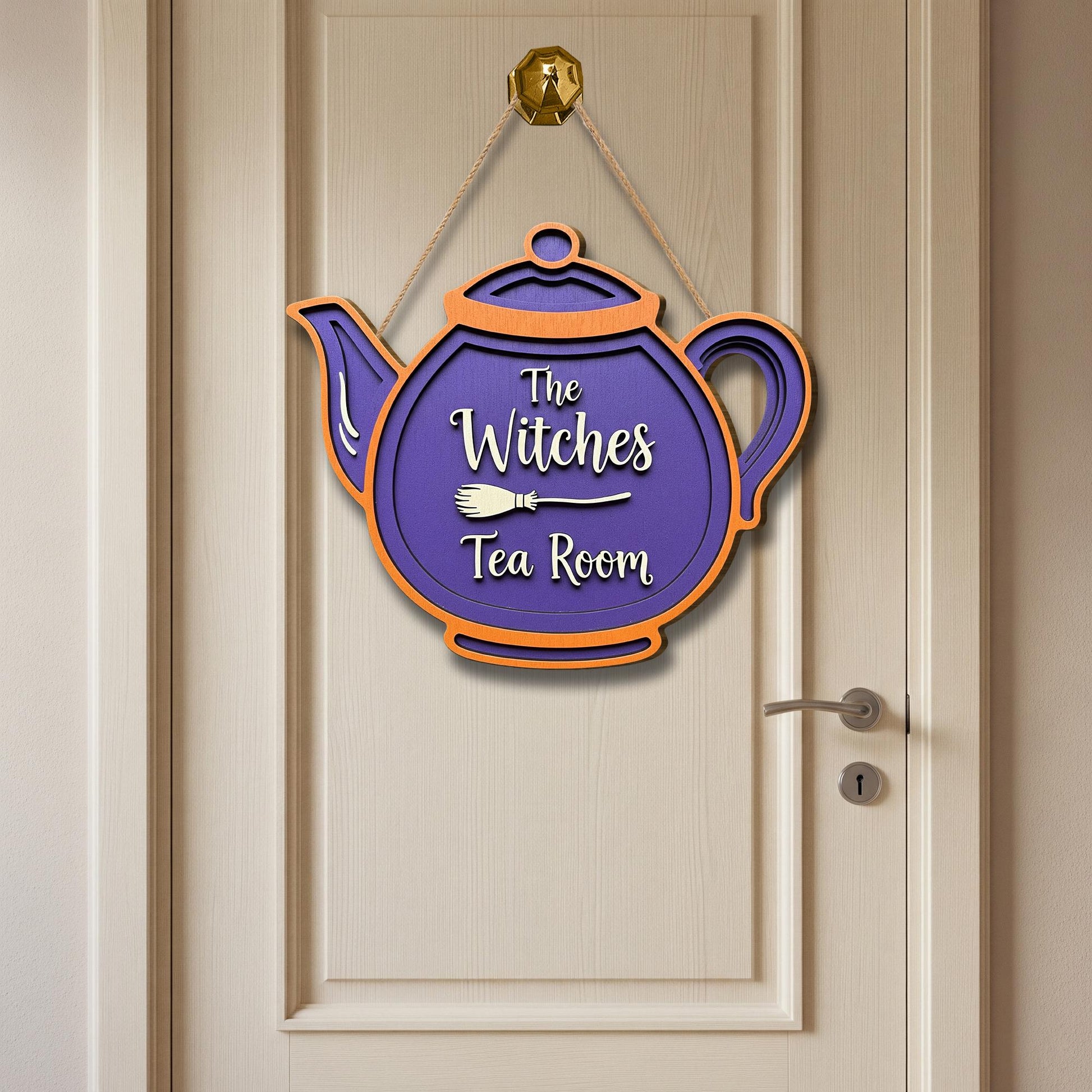 Witches Tea Room Sign, Halloween Witch Teapot Door Hanger, Purple Wooden Kitchen Decor, Fall Witchy Wall Plaque, Cozy Witch Decor