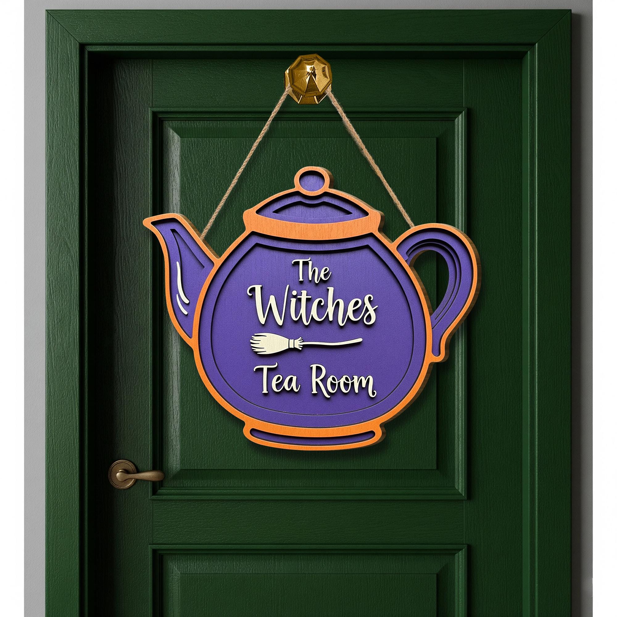 Witches Tea Room Sign, Halloween Witch Teapot Door Hanger, Purple Wooden Kitchen Decor, Fall Witchy Wall Plaque, Cozy Witch Decor