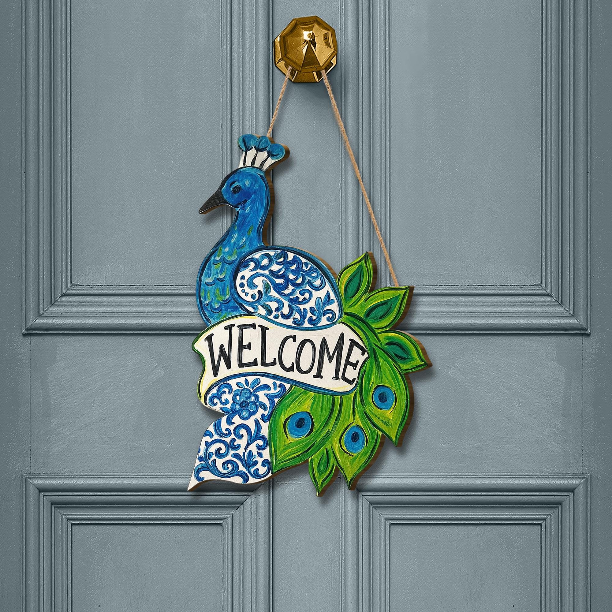Chinoiserie Peacock Welcome Door Sign | Blue Green Bird Wall Decor | Elegant Wooden Entry Sign | Front Door Hanging Home Gift