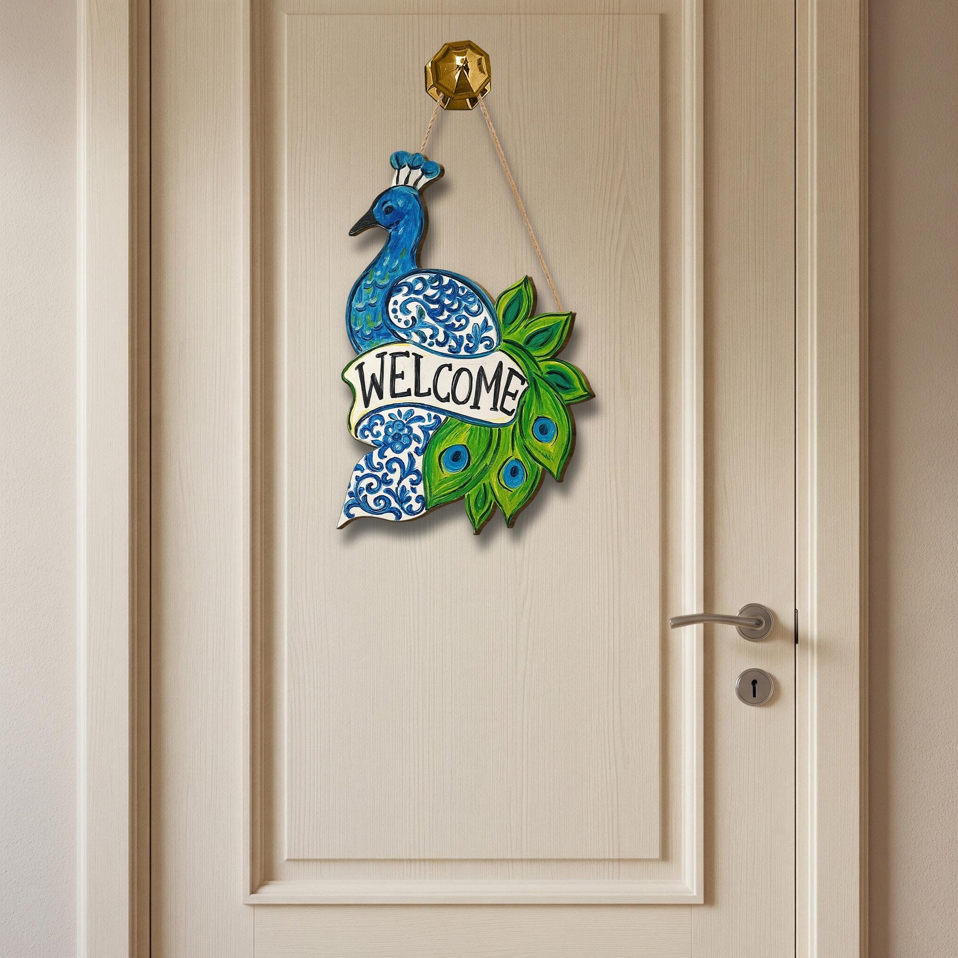 Chinoiserie Peacock Welcome Door Sign | Blue Green Bird Wall Decor | Elegant Wooden Entry Sign | Front Door Hanging Home Gift