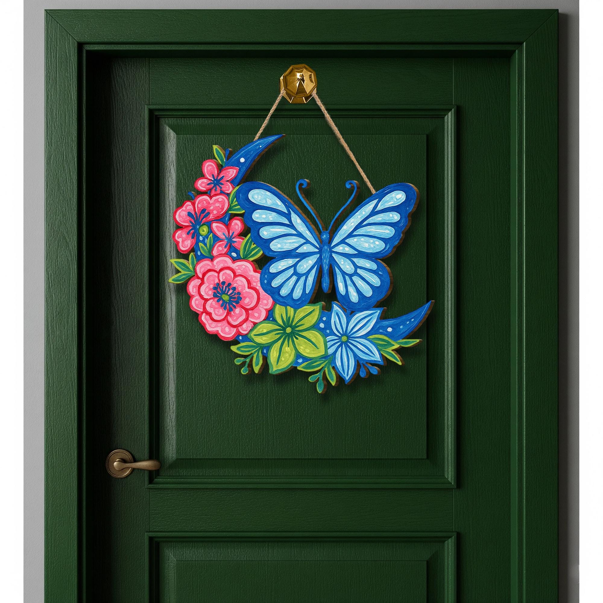 Chinoiserie Butterfly Crescent Moon Floral Sign | Colorful Wooden Wall Hanging | Spring Summer Door Decor | Cottagecore Boho Gift