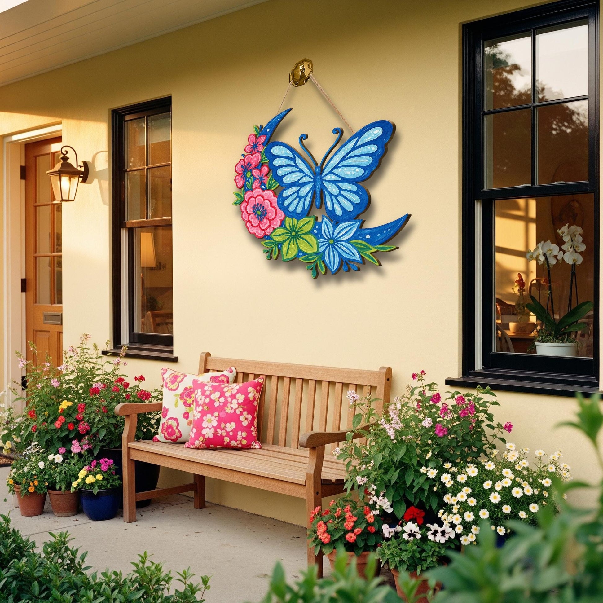 Chinoiserie Butterfly Crescent Moon Floral Sign | Colorful Wooden Wall Hanging | Spring Summer Door Decor | Cottagecore Boho Gift
