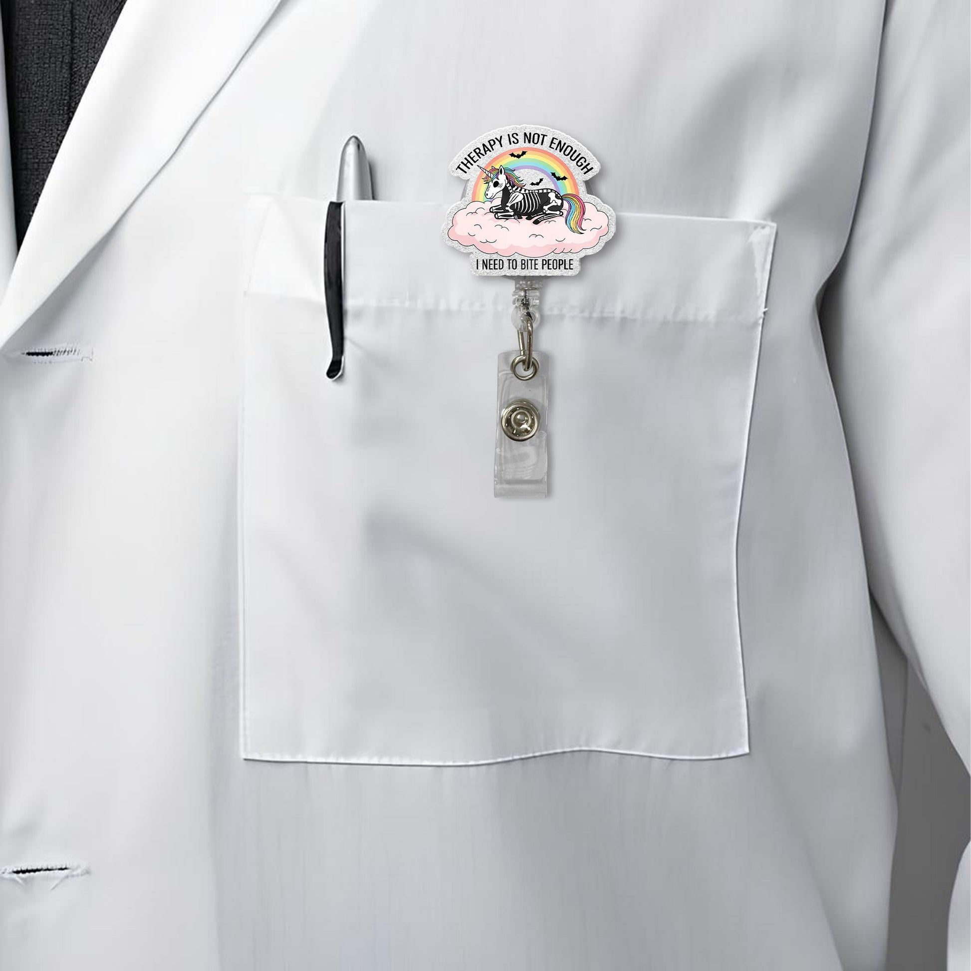 Funny Unicorn Skeleton Badge Reel – “Therapy Is Not Enough I Need to Bite People” – Cute Rainbow Goth Nurse ID Holder Clip
