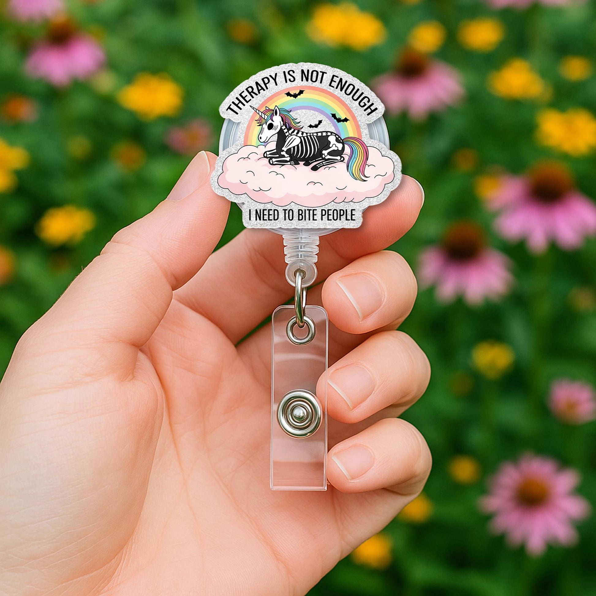 Funny Unicorn Skeleton Badge Reel – “Therapy Is Not Enough I Need to Bite People” – Cute Rainbow Goth Nurse ID Holder Clip