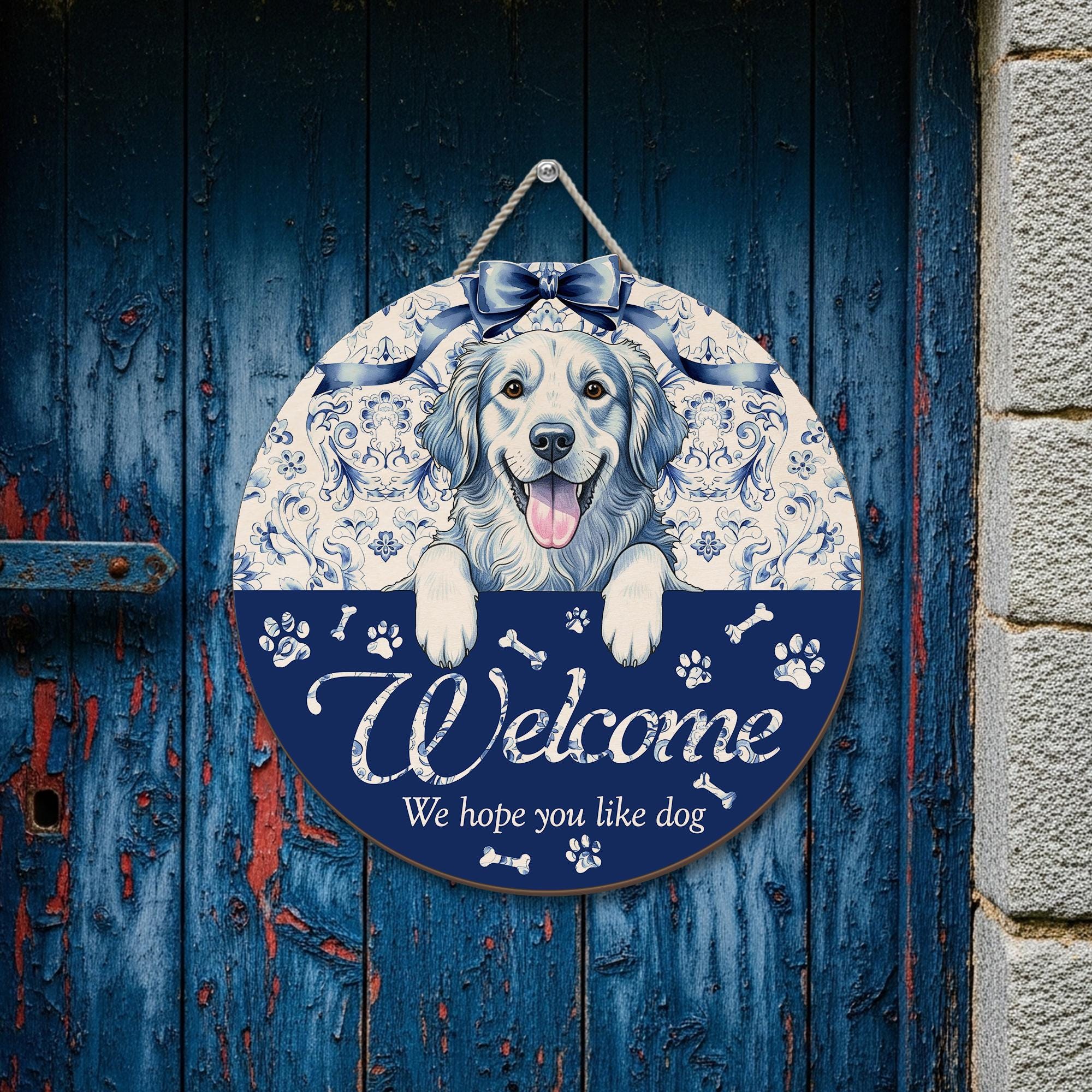 Chinoiserie Dog Welcome Sign, Custom Pet Door Hanger, Blue Floral Dog Lover Gift, Funny Front Porch Decor, We Hope You Like Dog Entry Sign