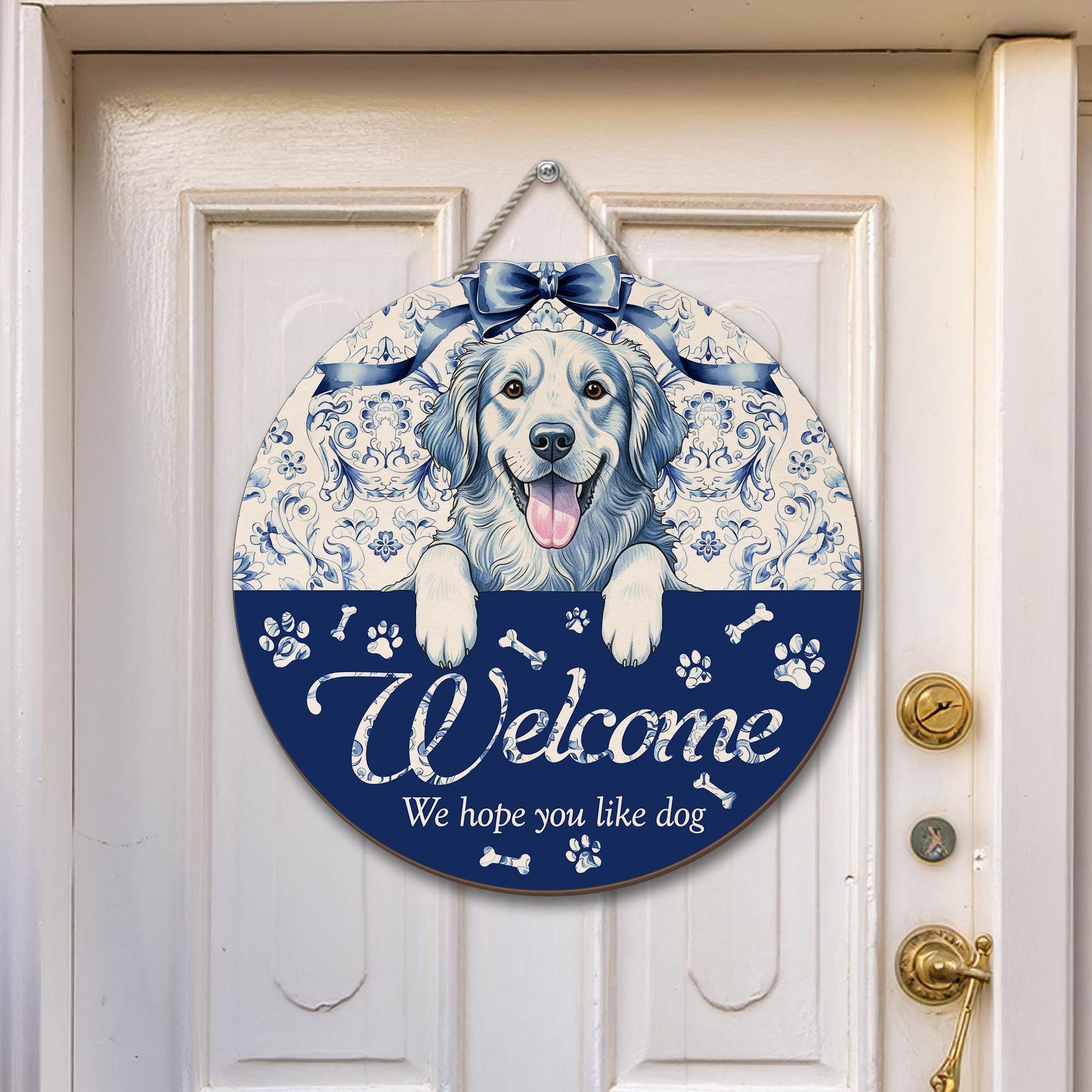Chinoiserie Dog Welcome Sign, Custom Pet Door Hanger, Blue Floral Dog Lover Gift, Funny Front Porch Decor, We Hope You Like Dog Entry Sign