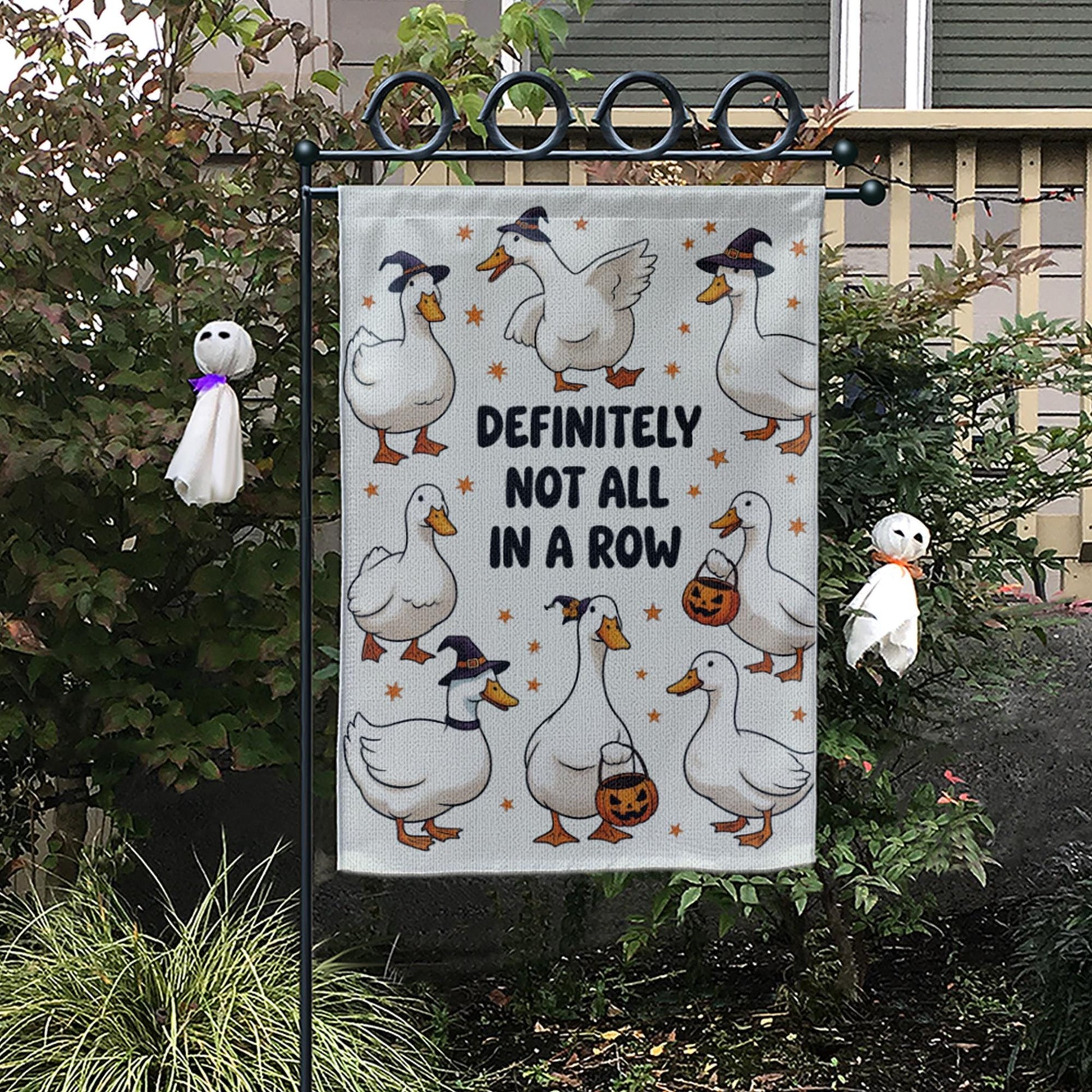 Funny Duck Halloween Garden Flag – “Definitely Not All in a Row” – Cute Fall Outdoor Yard Decor, Witch Goose Holiday Banner