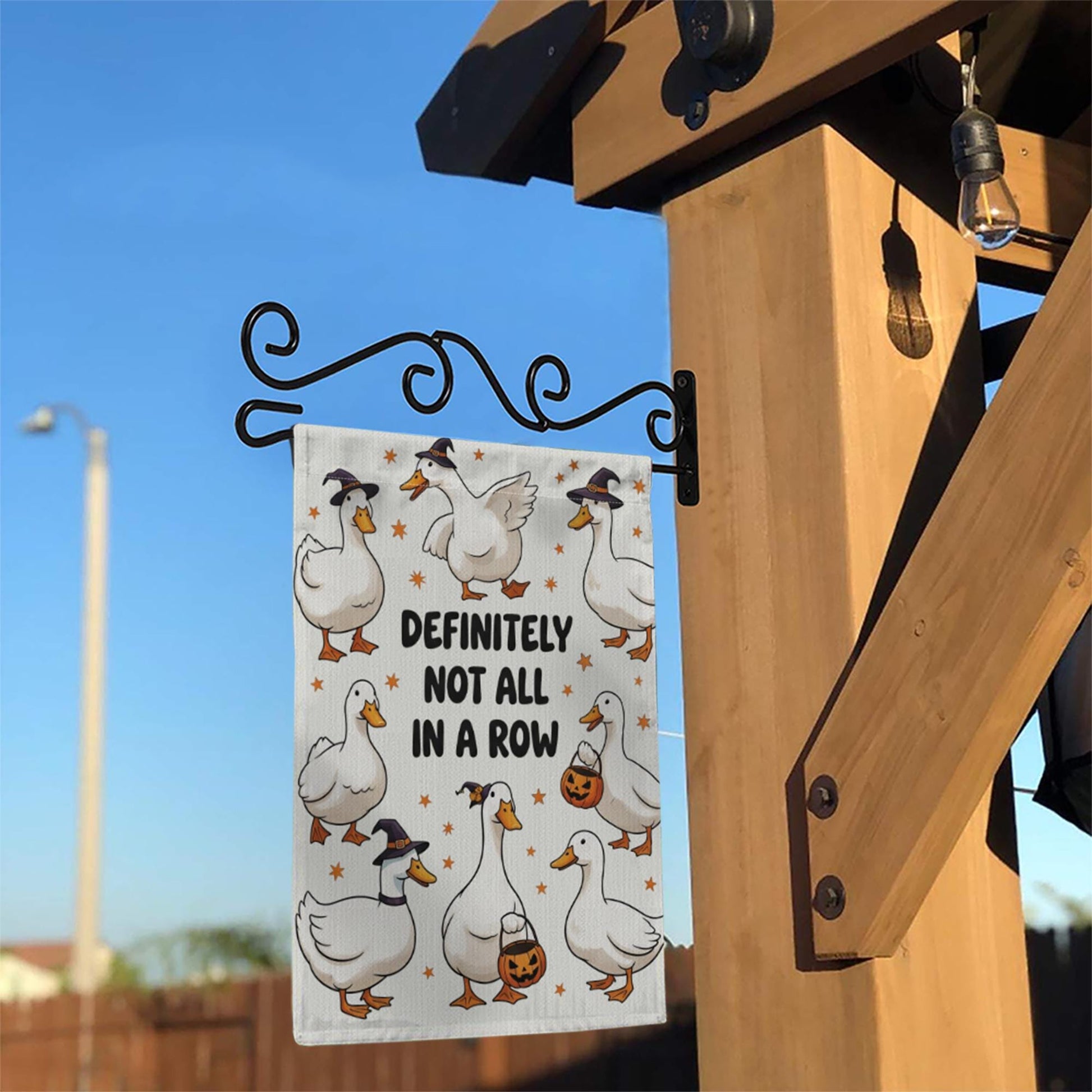 Funny Duck Halloween Garden Flag – “Definitely Not All in a Row” – Cute Fall Outdoor Yard Decor, Witch Goose Holiday Banner