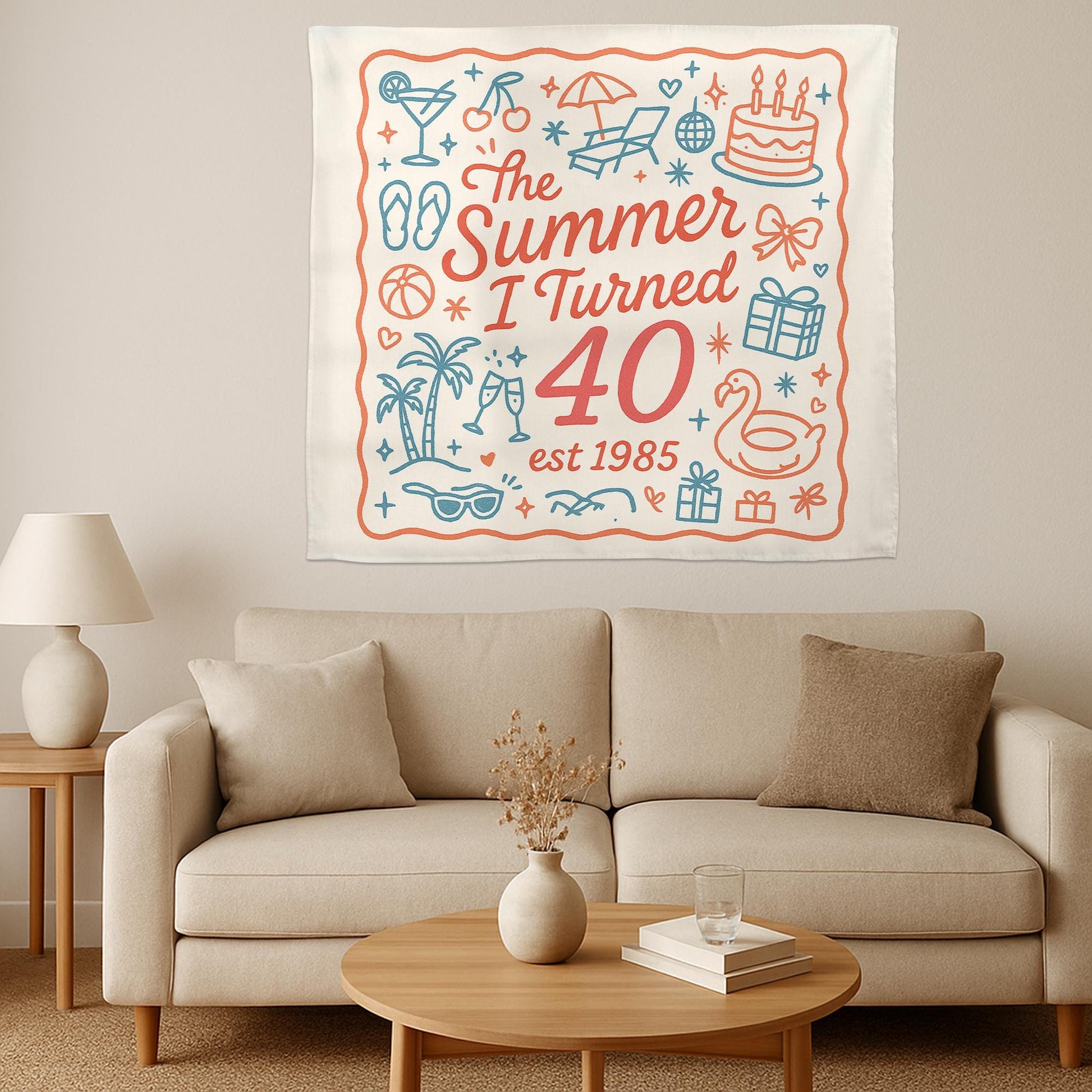 40th Birthday Tapestry, Summer I Turned 40 Wall Decor, 1985 Birthday Gift, Milestone Party Banner, Retro Birthday Decoration