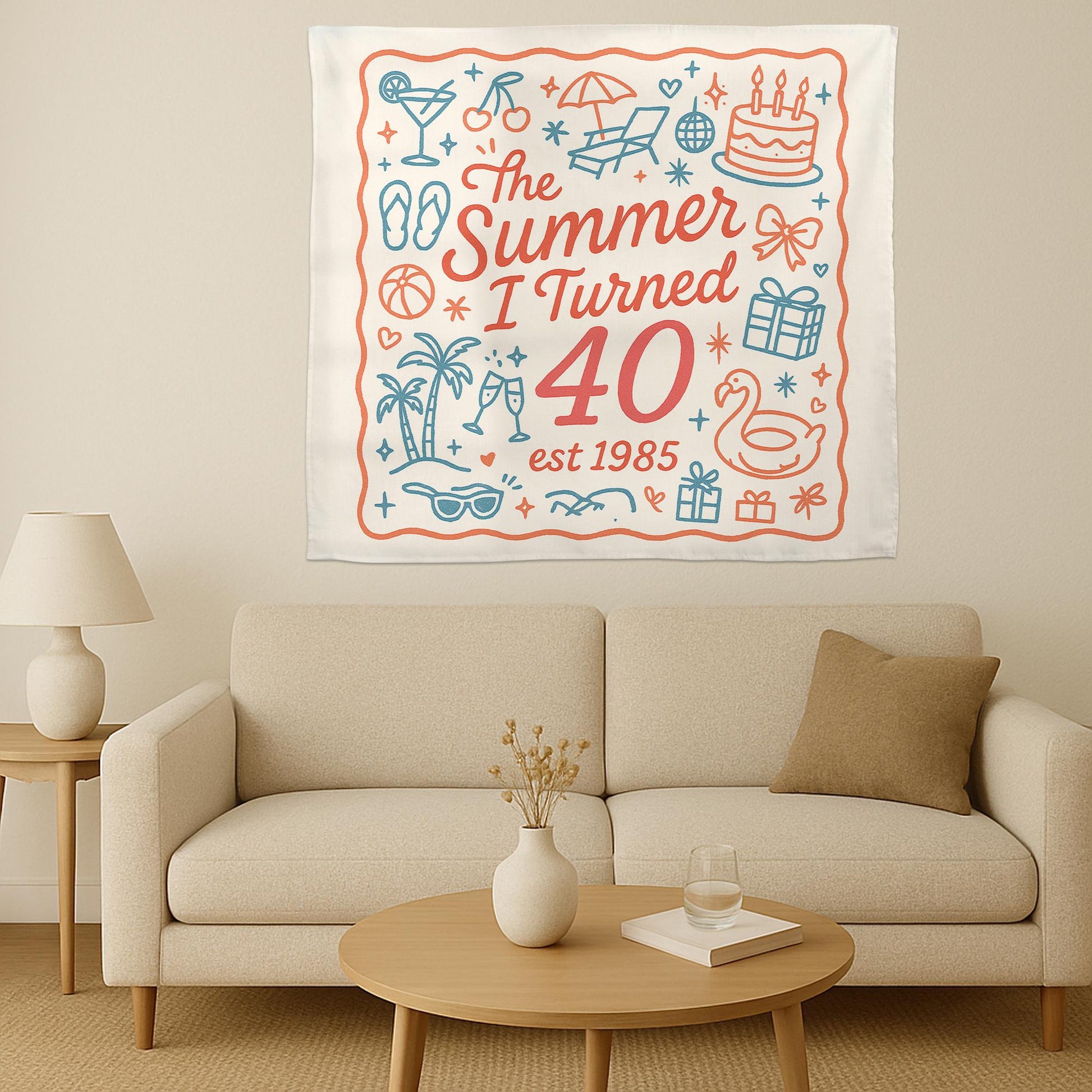 40th Birthday Tapestry, Summer I Turned 40 Wall Decor, 1985 Birthday Gift, Milestone Party Banner, Retro Birthday Decoration