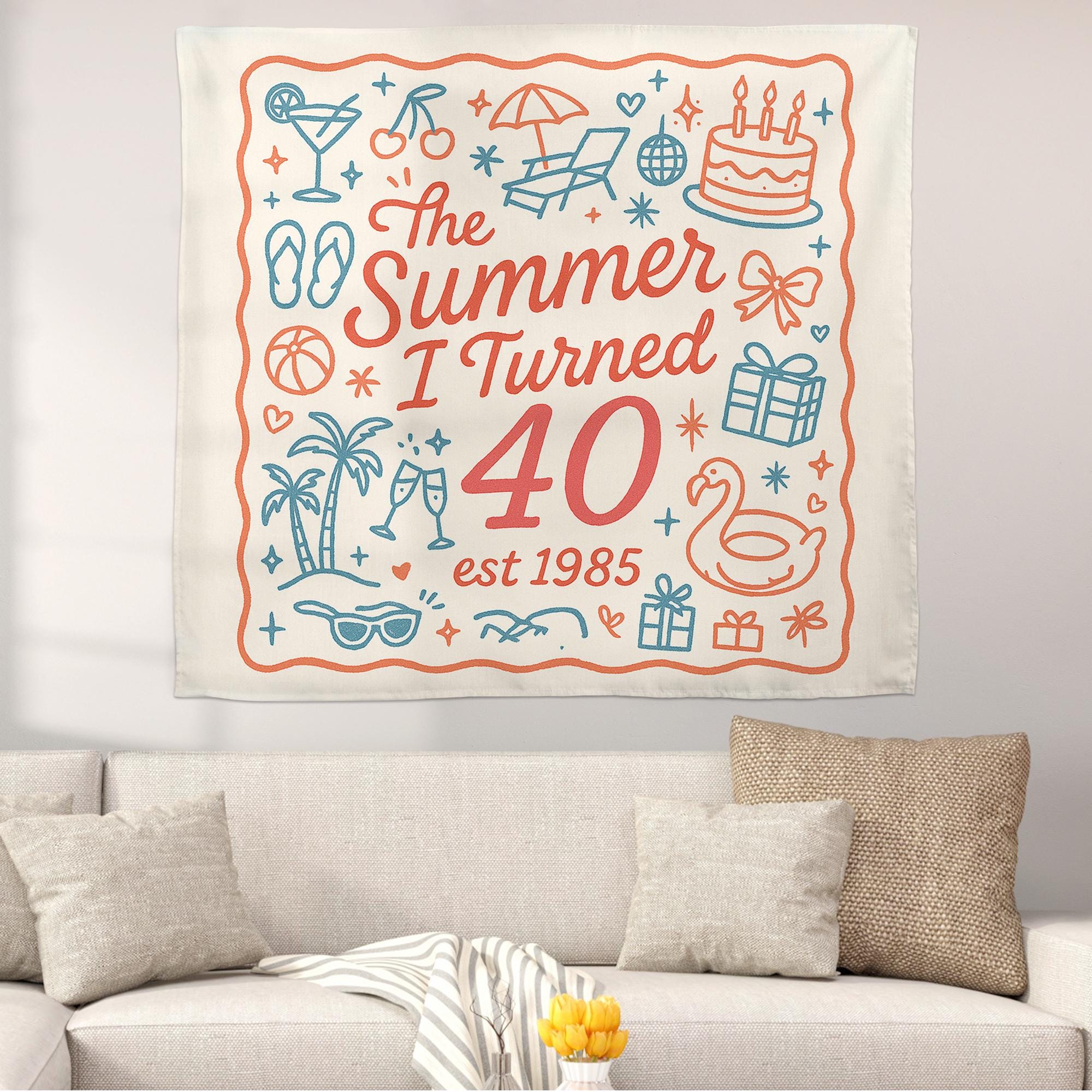 40th Birthday Tapestry, Summer I Turned 40 Wall Decor, 1985 Birthday Gift, Milestone Party Banner, Retro Birthday Decoration