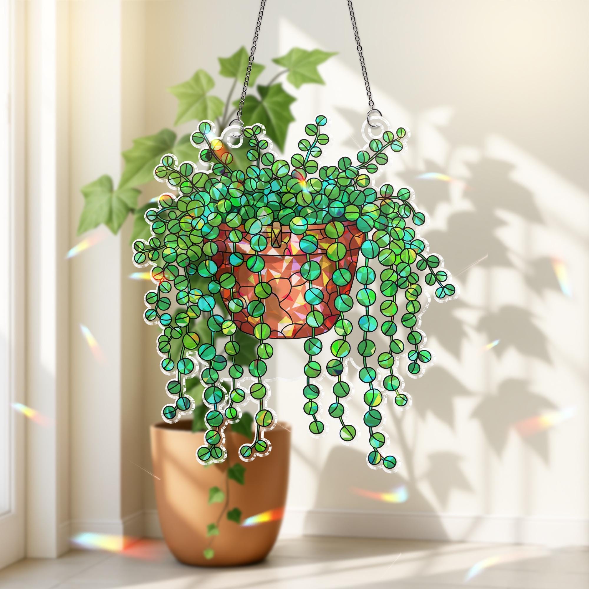 String of Turtles Acrylic Hologram Ornament, Plant garden Hanging decor, Trailing Succulent Window Hanging, Plant Lover Botanical Home Art