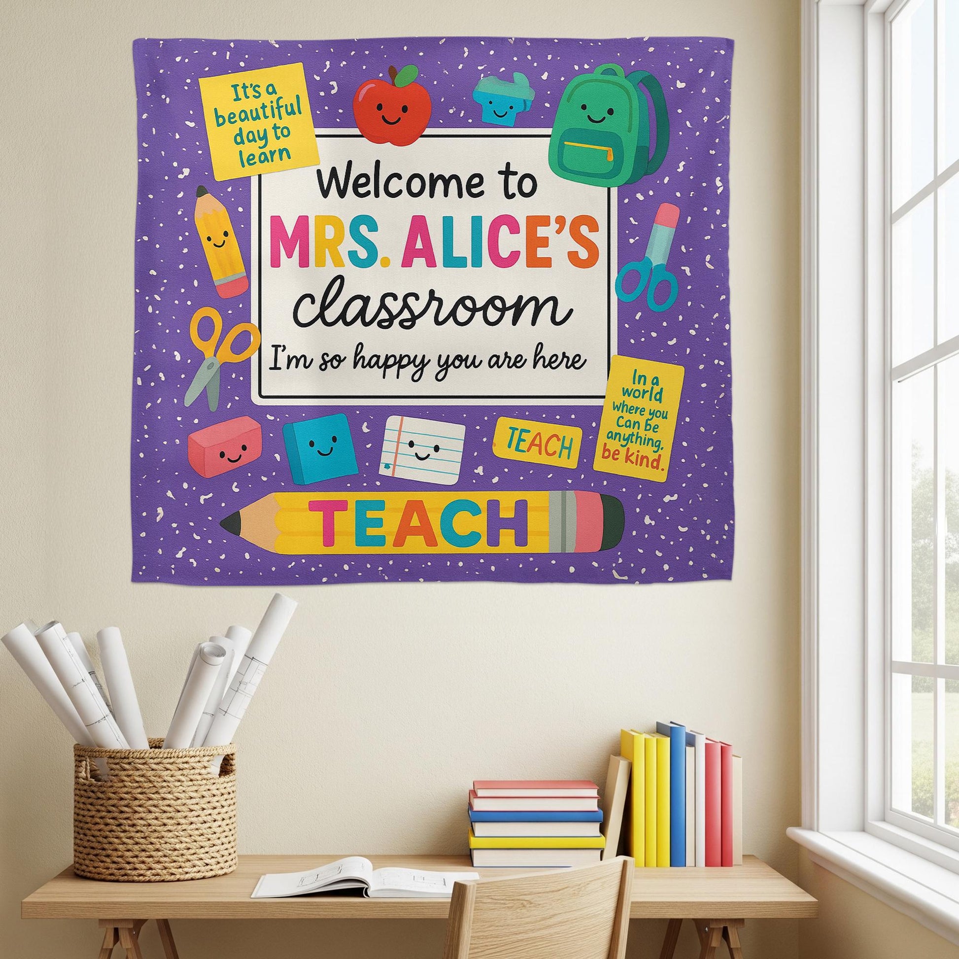 Personalized Teacher Classroom Tapestry, Welcome Back to School Banner, Colorful Wall Decor, Custom Teacher Name Sign
