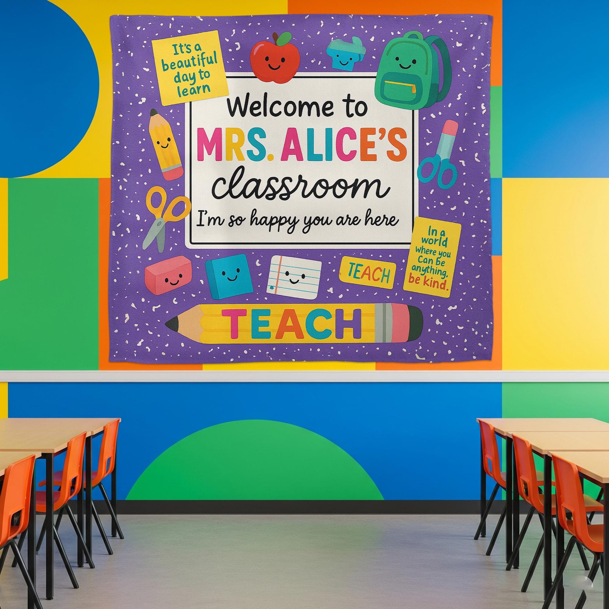 Personalized Teacher Classroom Tapestry, Welcome Back to School Banner, Colorful Wall Decor, Custom Teacher Name Sign