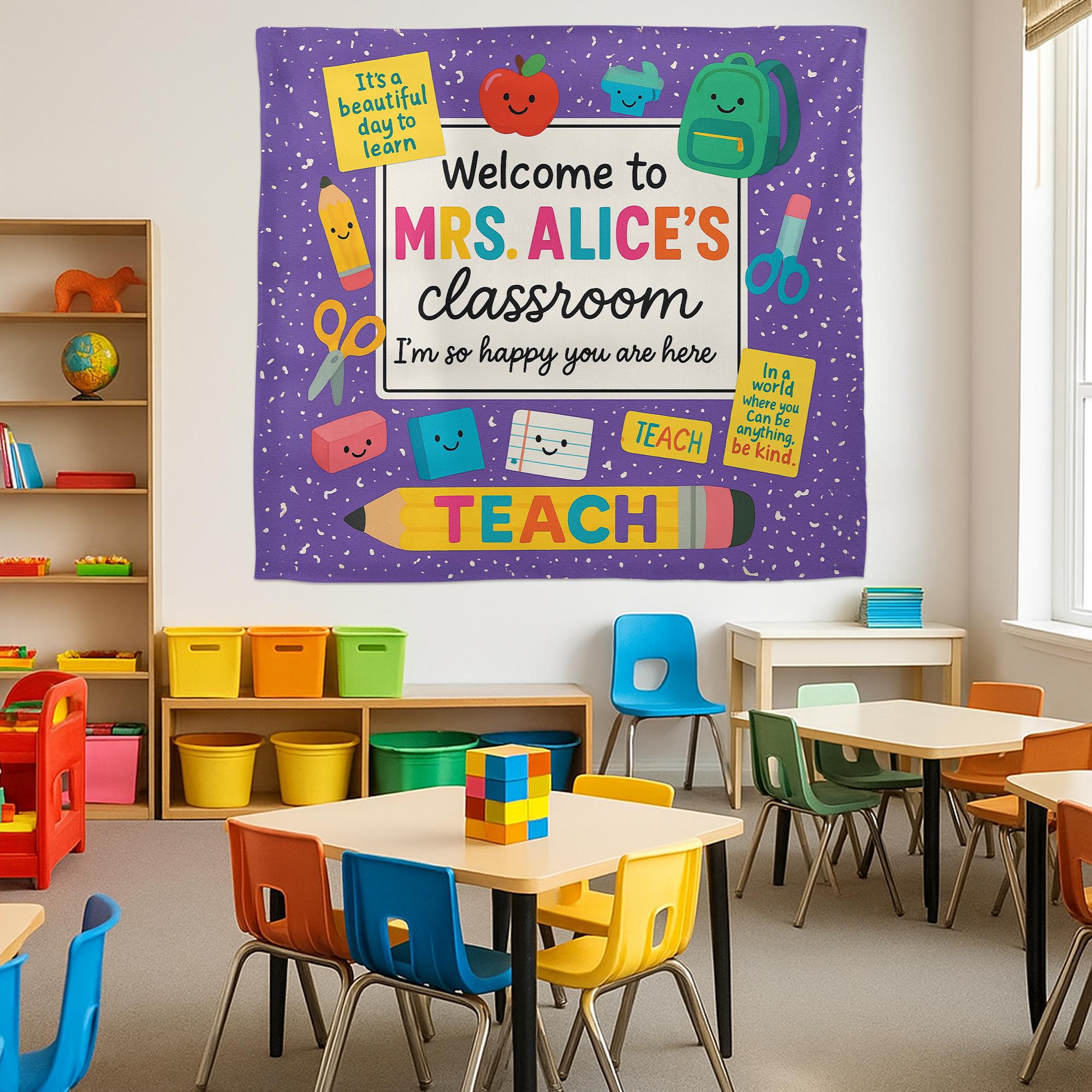 Personalized Teacher Classroom Tapestry, Welcome Back to School Banner, Colorful Wall Decor, Custom Teacher Name Sign