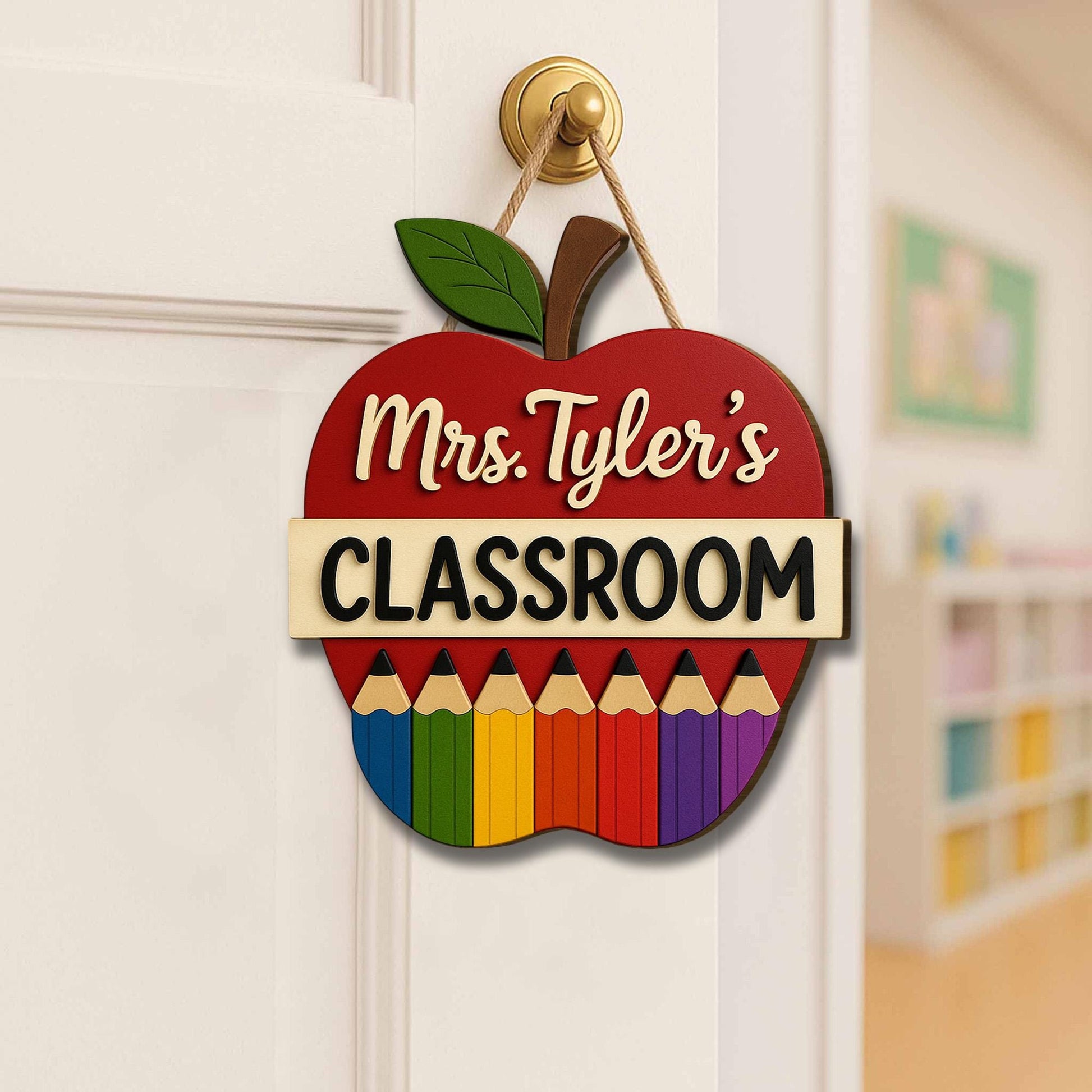 Personalized Teacher Classroom Sign, Wooden Apple Door Hanger, Rainbow Pencil Decor, Custom Back to School Gift for Educators