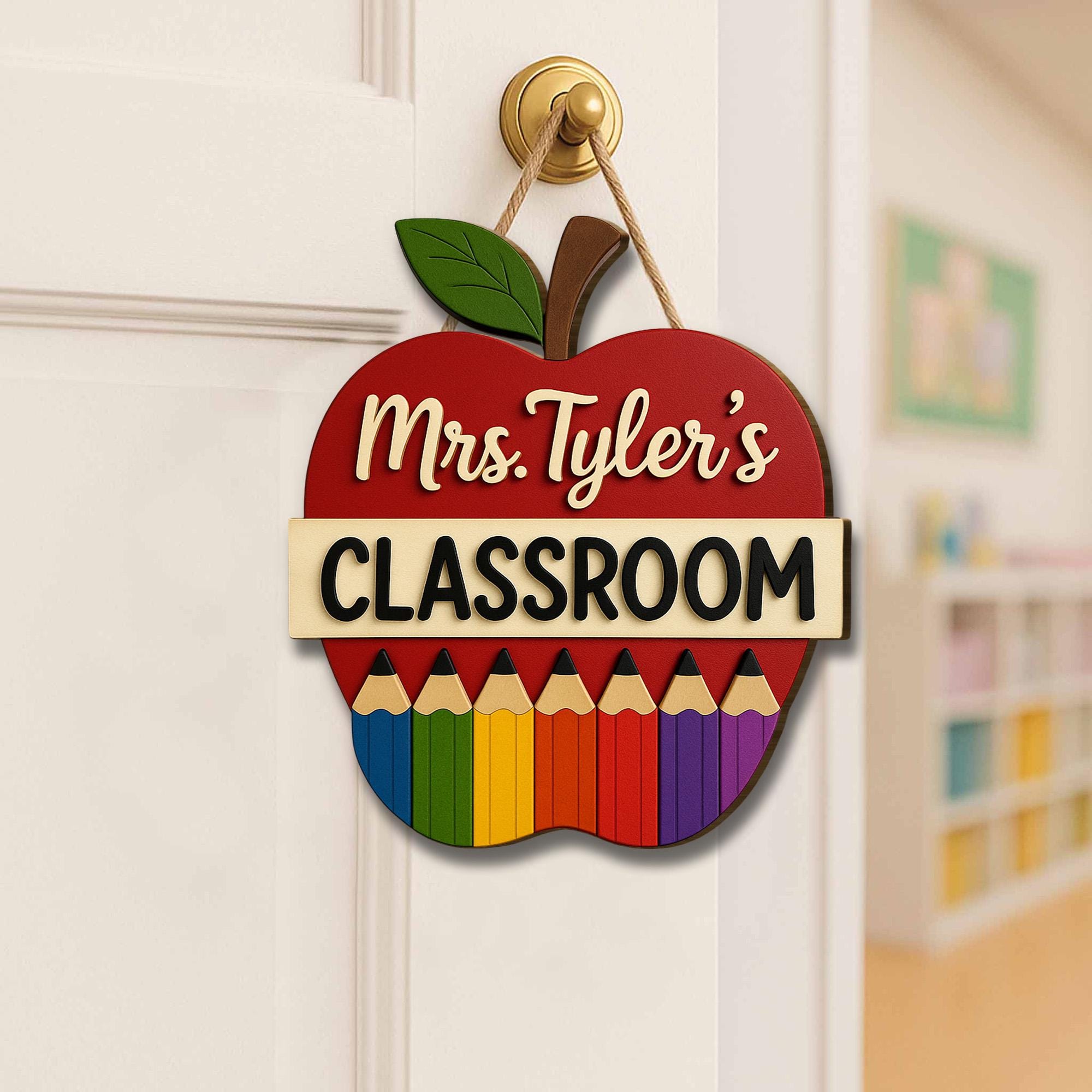 Personalized Teacher Classroom Sign, Wooden Apple Door Hanger, Rainbow Pencil Decor, Custom Back to School Gift for Educators