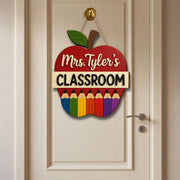 Personalized Teacher Classroom Sign, Wooden Apple Door Hanger, Rainbow Pencil Decor, Custom Back to School Gift for Educators