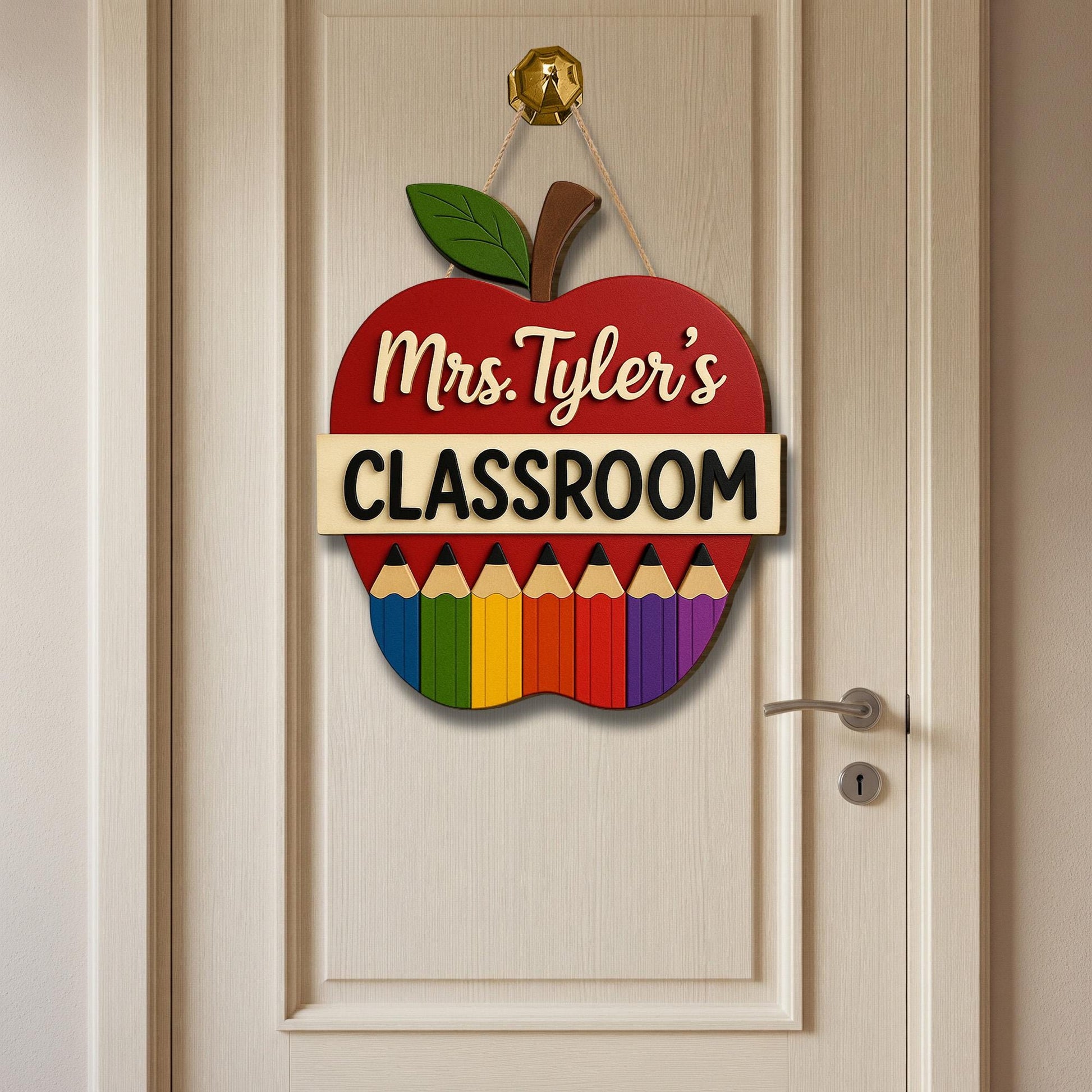 Personalized Teacher Classroom Sign, Wooden Apple Door Hanger, Rainbow Pencil Decor, Custom Back to School Gift for Educators