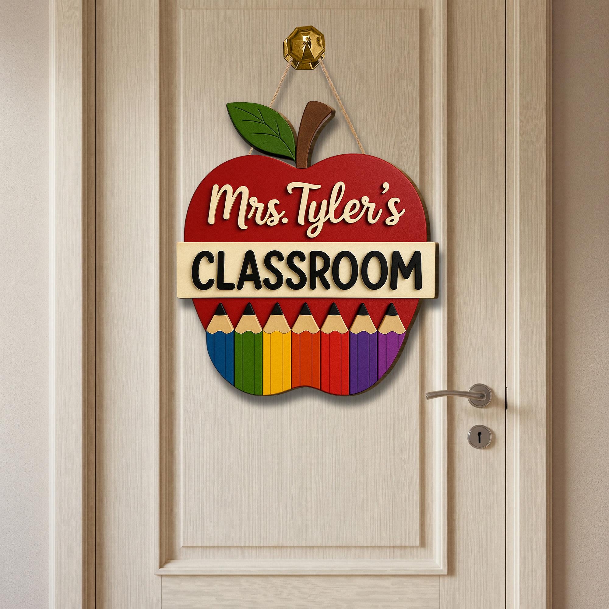 Personalized Teacher Classroom Sign, Wooden Apple Door Hanger, Rainbow Pencil Decor, Custom Back to School Gift for Educators