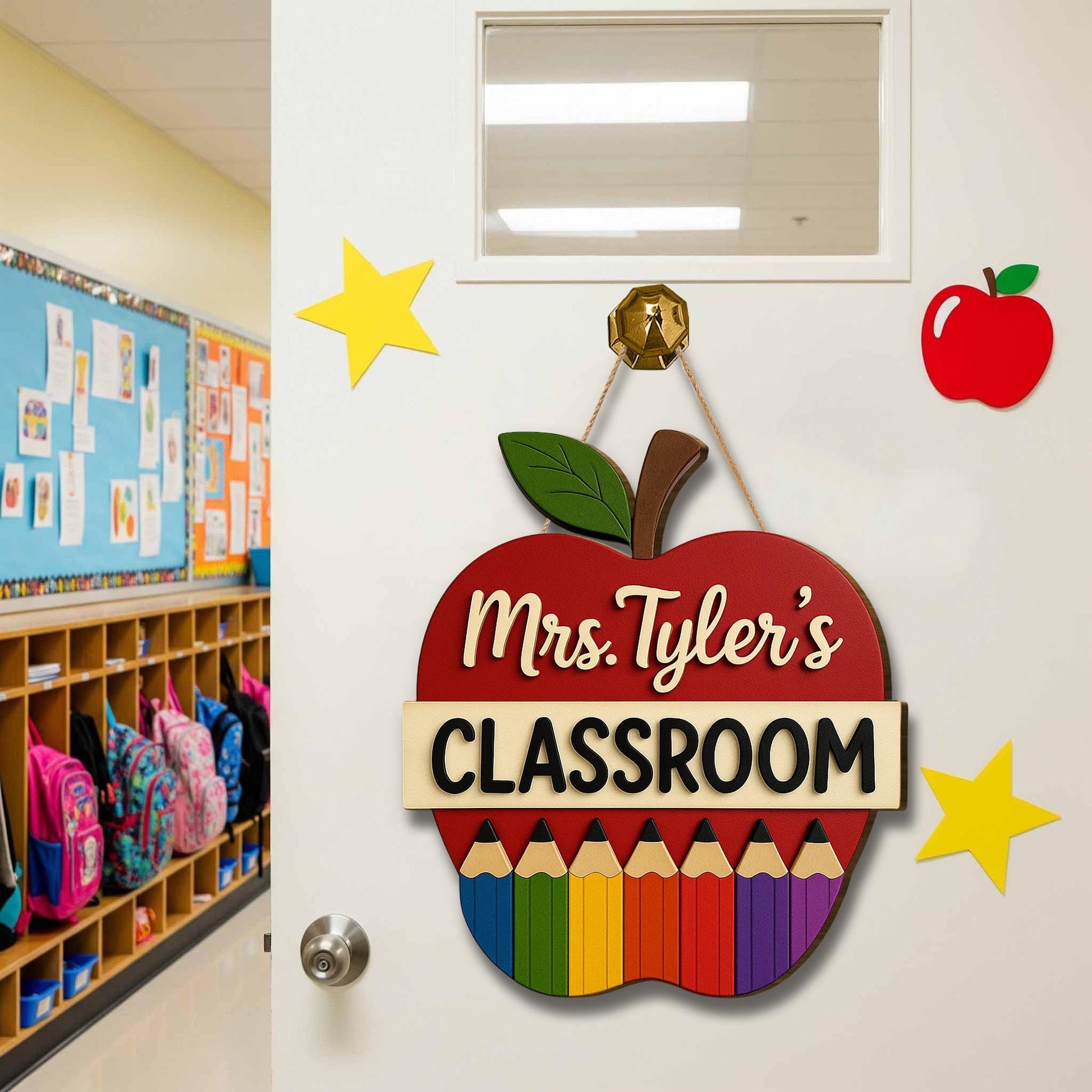 Personalized Teacher Classroom Sign, Wooden Apple Door Hanger, Rainbow Pencil Decor, Custom Back to School Gift for Educators