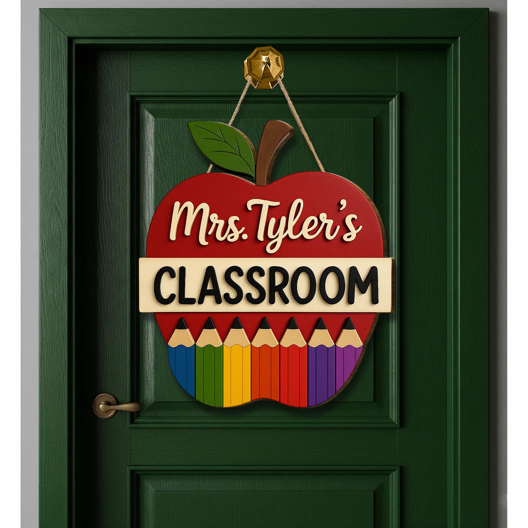 Personalized Teacher Classroom Sign, Wooden Apple Door Hanger, Rainbow Pencil Decor, Custom Back to School Gift for Educators