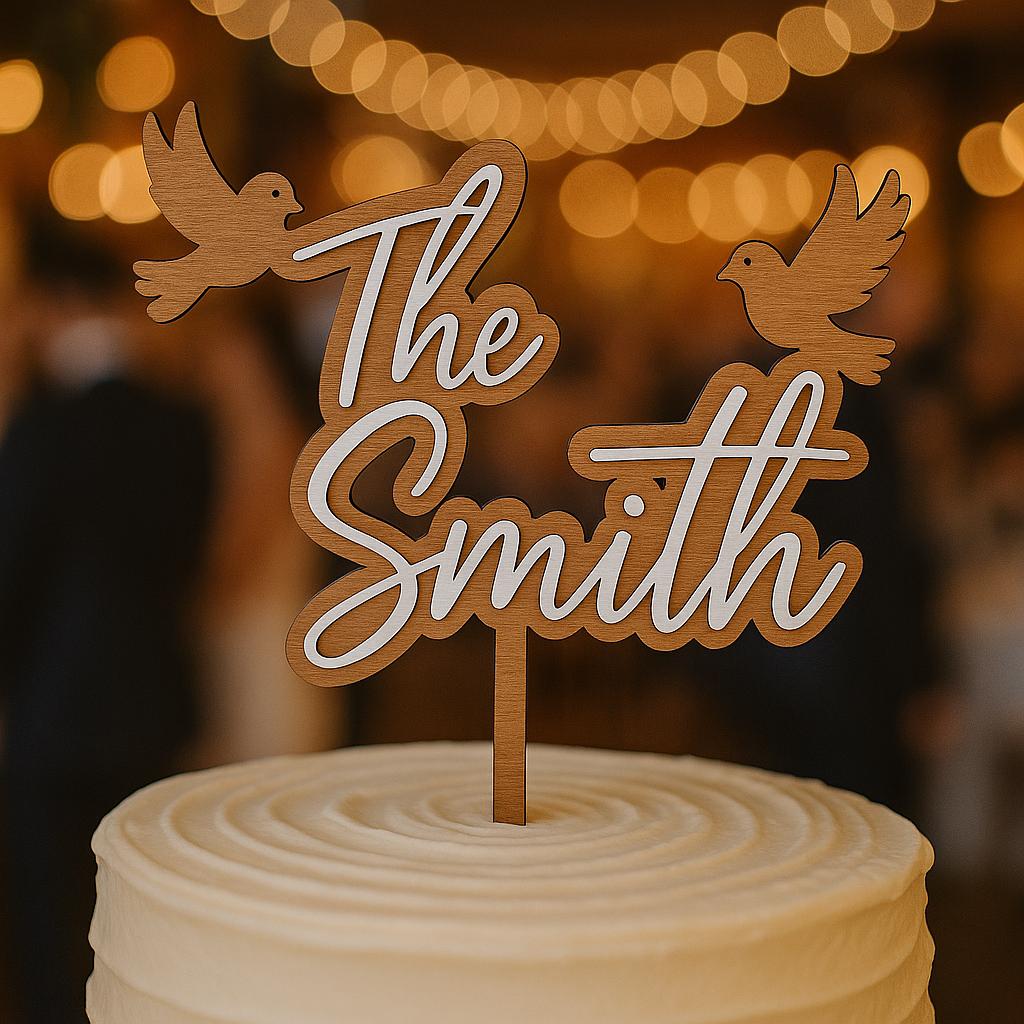Custom Wedding Cake Topper with Doves – Personalized Last Name Cake Topper – Rustic Script Bridal Shower Decor – Elegant Couple Keepsake