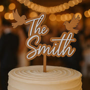 Custom Wedding Cake Topper with Doves – Personalized Last Name Cake Topper – Rustic Script Bridal Shower Decor – Elegant Couple Keepsake