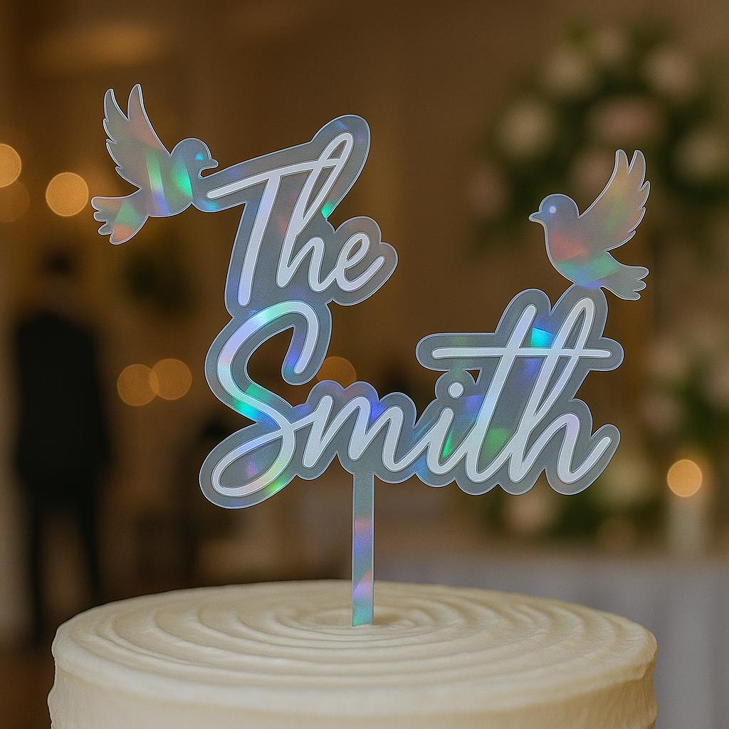 Custom Wedding Cake Topper with Doves – Personalized Last Name Cake Topper – Rustic Script Bridal Shower Decor – Elegant Couple Keepsake