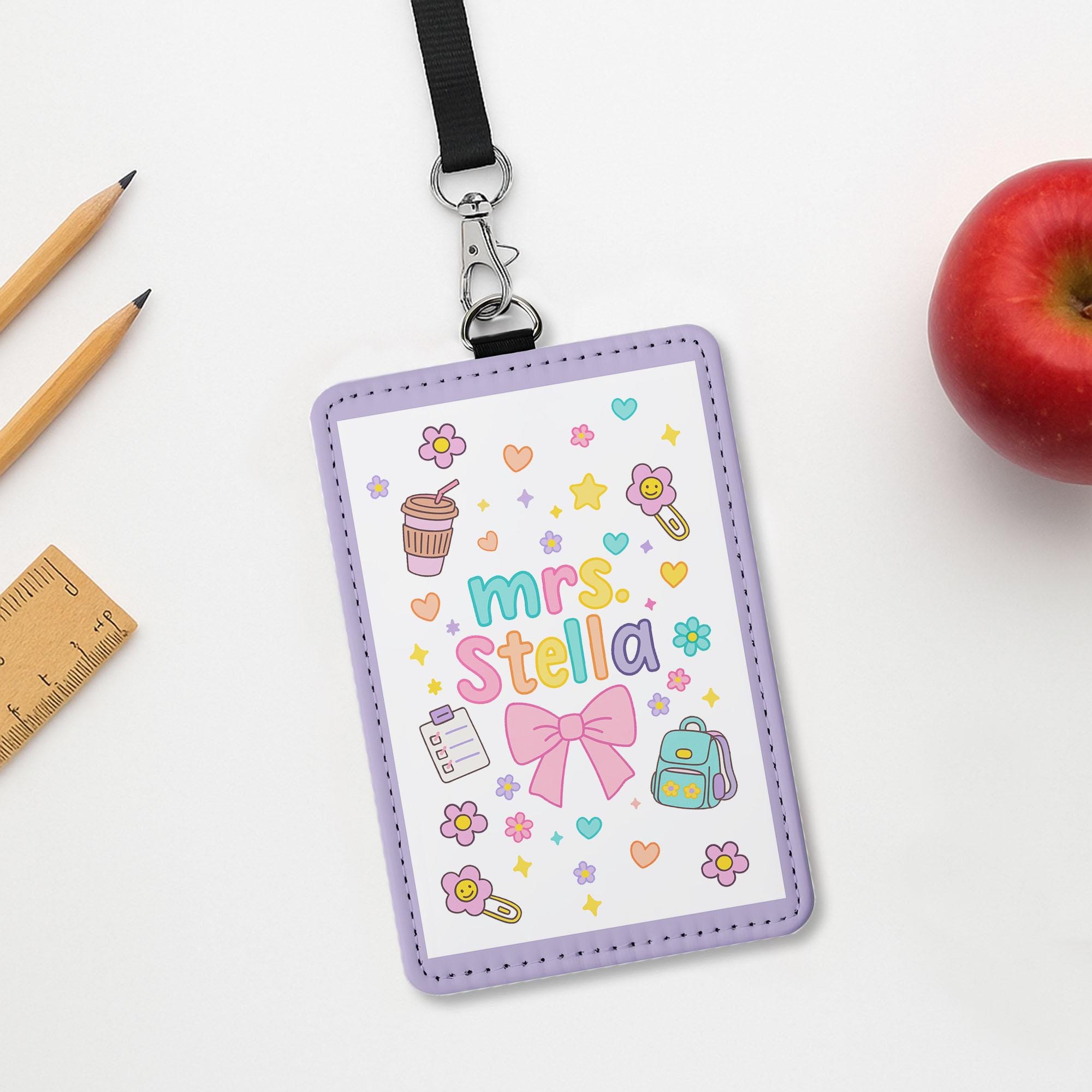 Cute Teacher Badge Reel ID Holder with Name, Pastel Doodle Style, Personalized Lanyard Tag for Classroom or School Staff Gift, Teachers