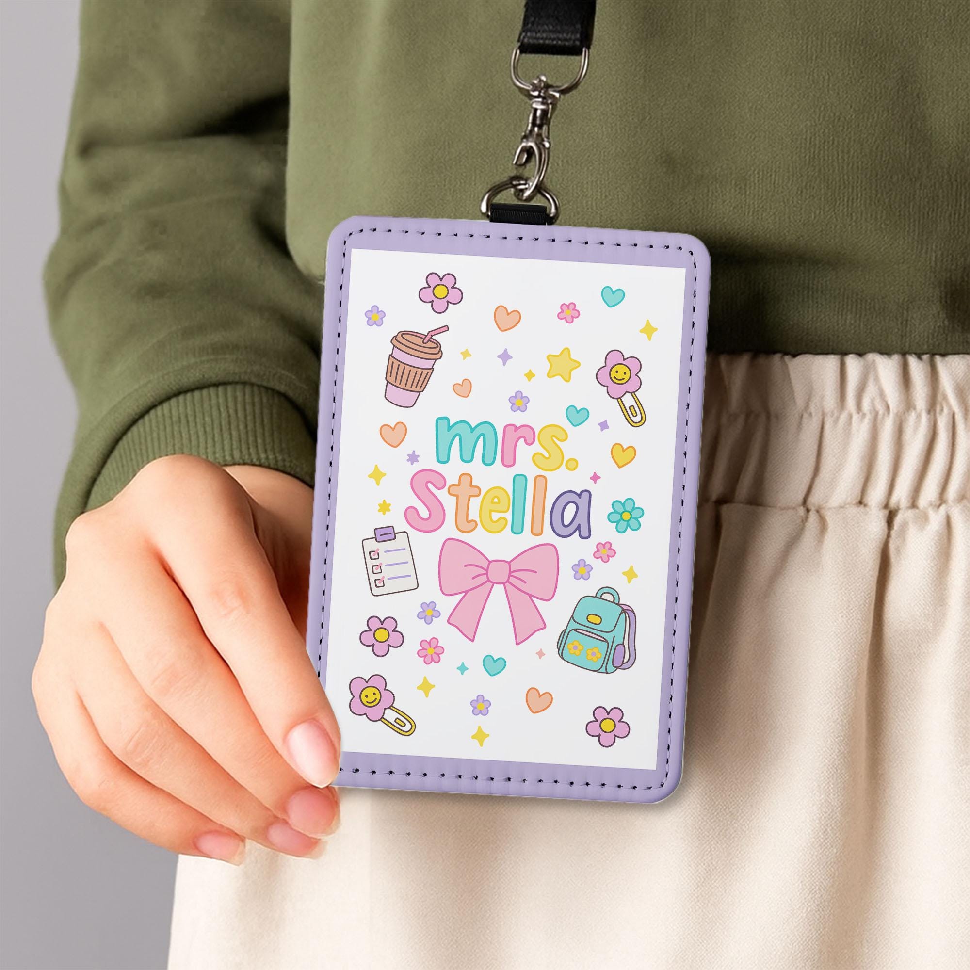 Cute Teacher Badge Reel ID Holder with Name, Pastel Doodle Style, Personalized Lanyard Tag for Classroom or School Staff Gift, Teachers