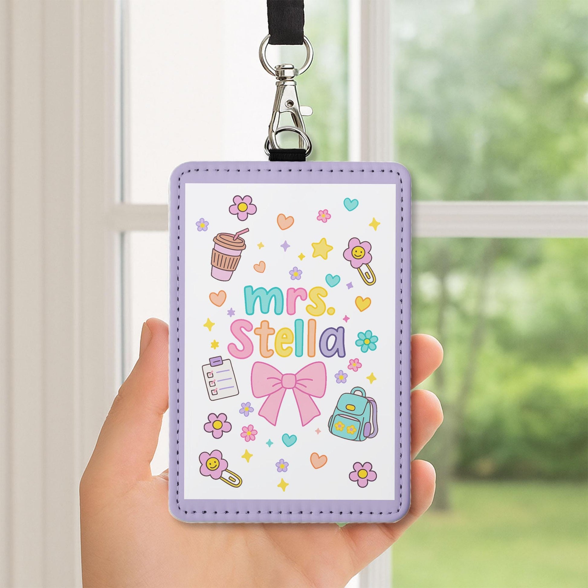 Cute Teacher Badge Reel ID Holder with Name, Pastel Doodle Style, Personalized Lanyard Tag for Classroom or School Staff Gift, Teachers